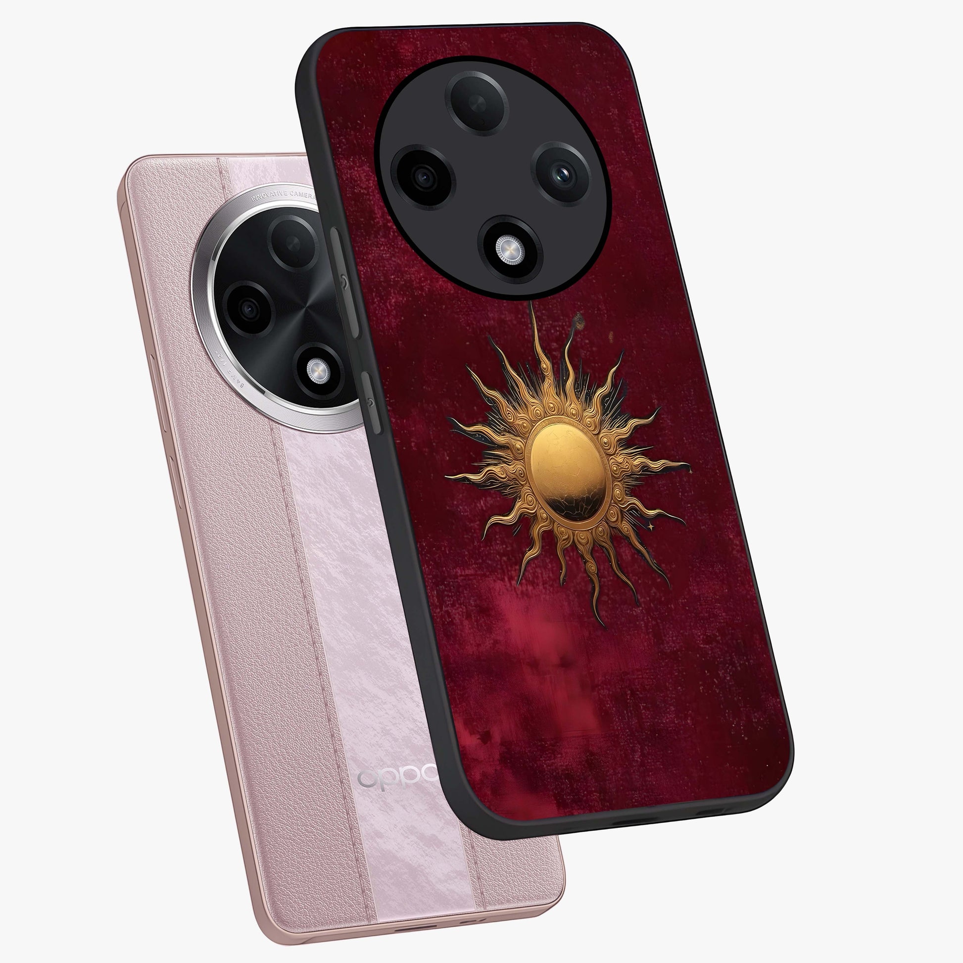 Golden Sun Minimalism Glass Case displayed in angled mockup highlighting clean sun symbol design with modern minimal aesthetic.