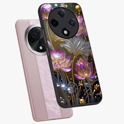 Golden Floral Majesty Glass Case displayed in angled mockup highlighting elegant flower design with royal golden aesthetic.