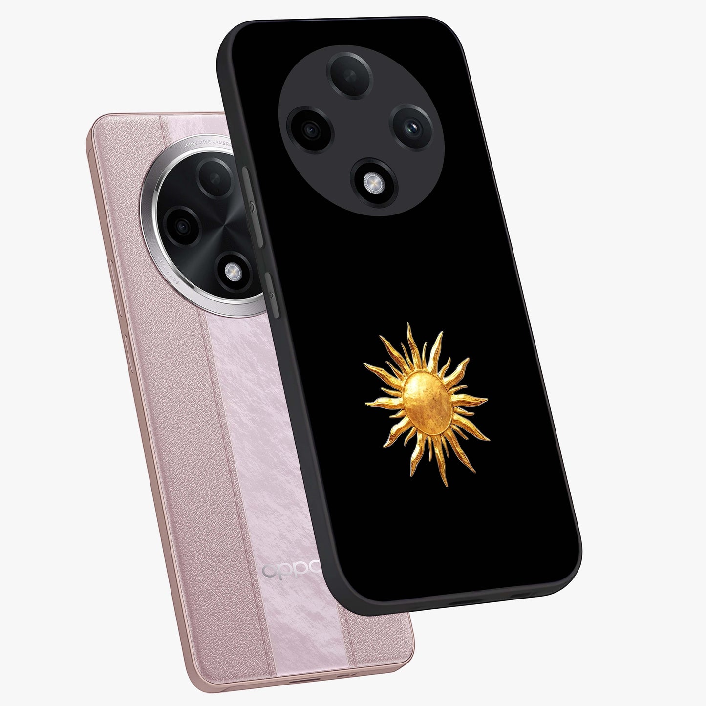 Golden Sun Minimalism Glass Case displayed in angled mockup highlighting eerie shadow illustration with gothic aesthetic.