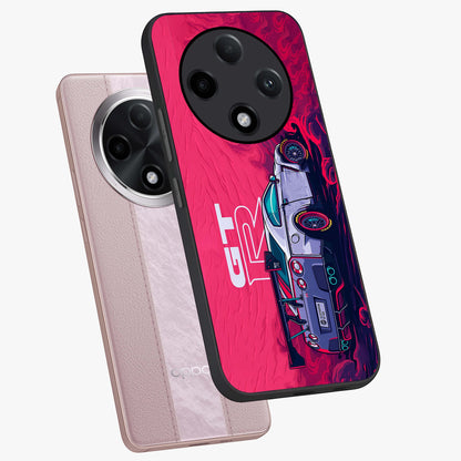 GT-R Car Pattern Glass Case displayed in angled mockup highlighting racing car graphic design with bold automotive aesthetic.