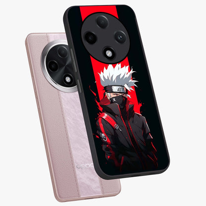 Kakashi Scarlet Shadow Glass Case displayed in angled mockup highlighting dramatic ninja illustration with scarlet themed aesthetic.