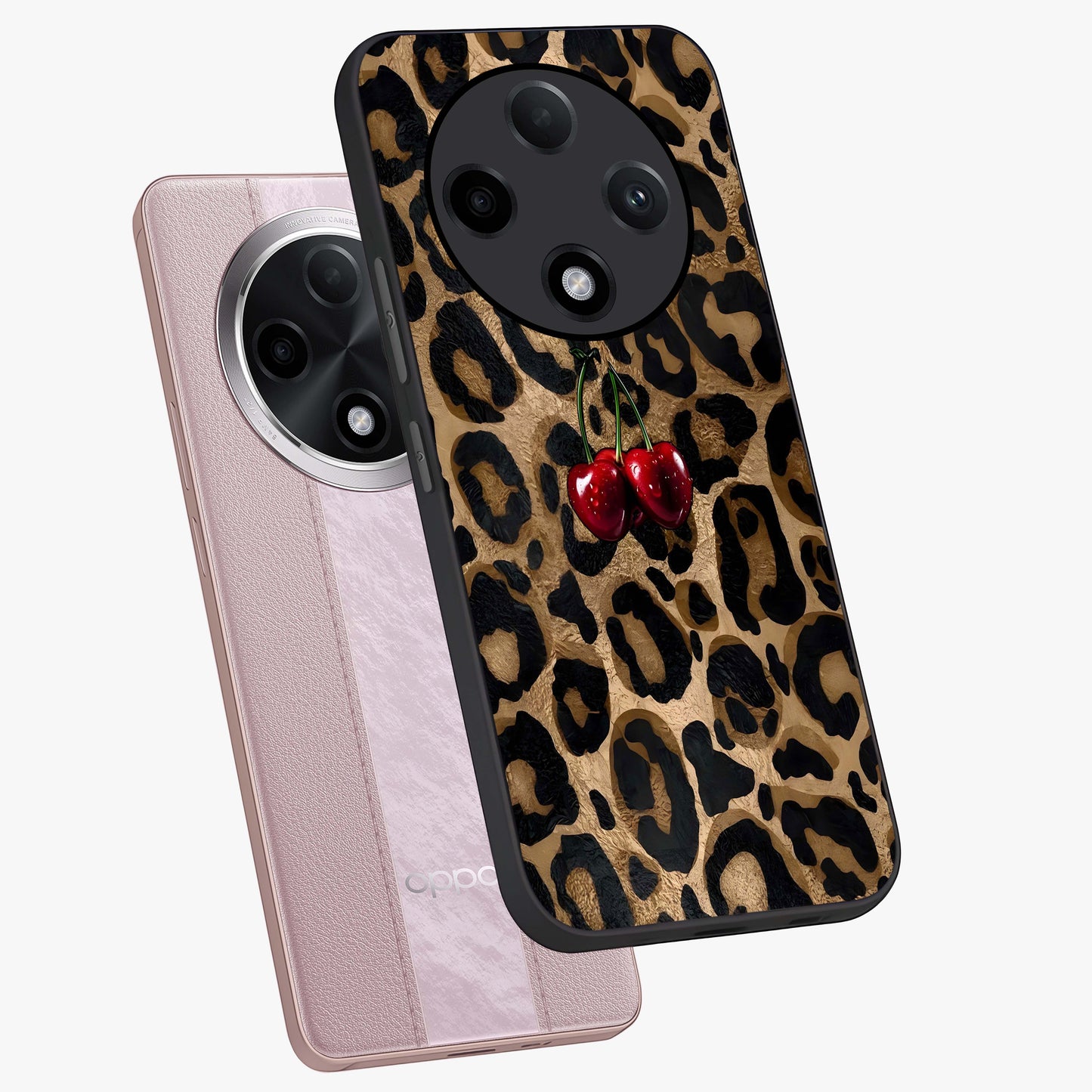 Leopard Wild Cherry Glass Case displayed in angled mockup highlighting bold animal print design with playful cherry aesthetic.