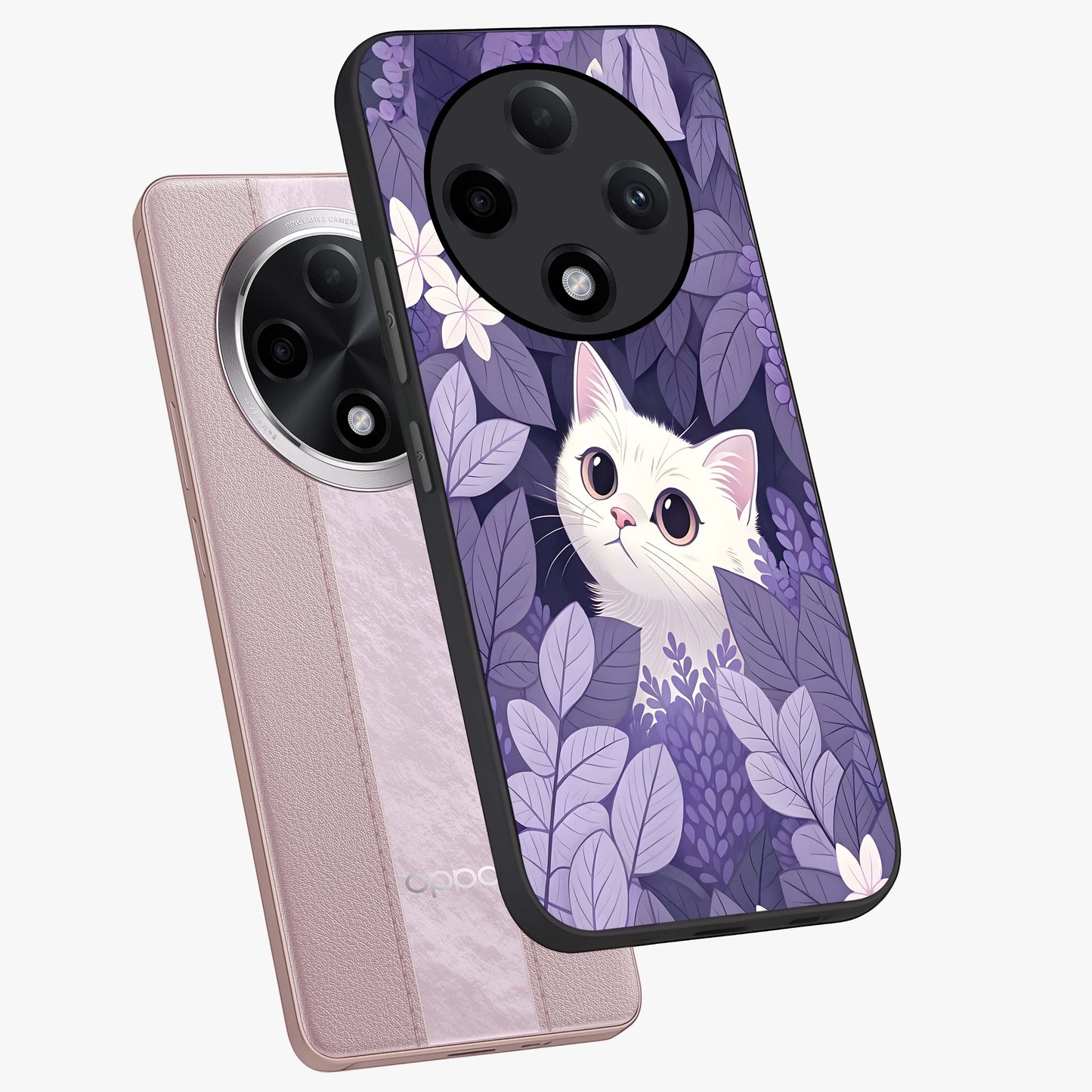 Lilac Hide Peek Cat Glass Case displayed in angled mockup highlighting playful feline illustration with lilac aesthetic design.
