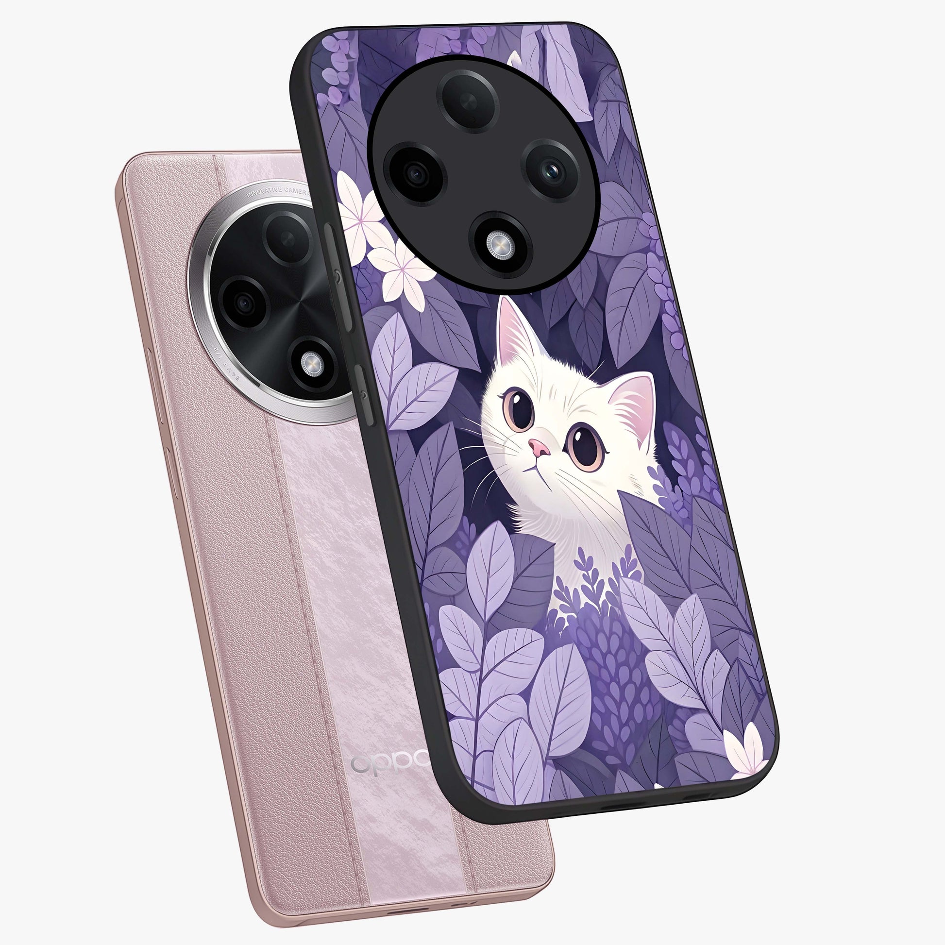 Lilac Hide Peek Cat Glass Case displayed in angled mockup highlighting playful feline illustration with lilac aesthetic design.