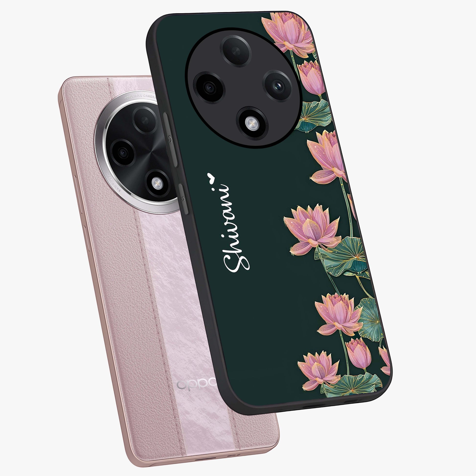 Lotus Bloom Serenity Custom Name Glass Case displayed in angled mockup highlighting graceful lotus illustration with custom name feature.