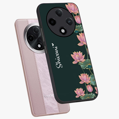 Lotus Bloom Serenity Custom Name Glass Case displayed in angled mockup highlighting graceful lotus illustration with custom name feature.