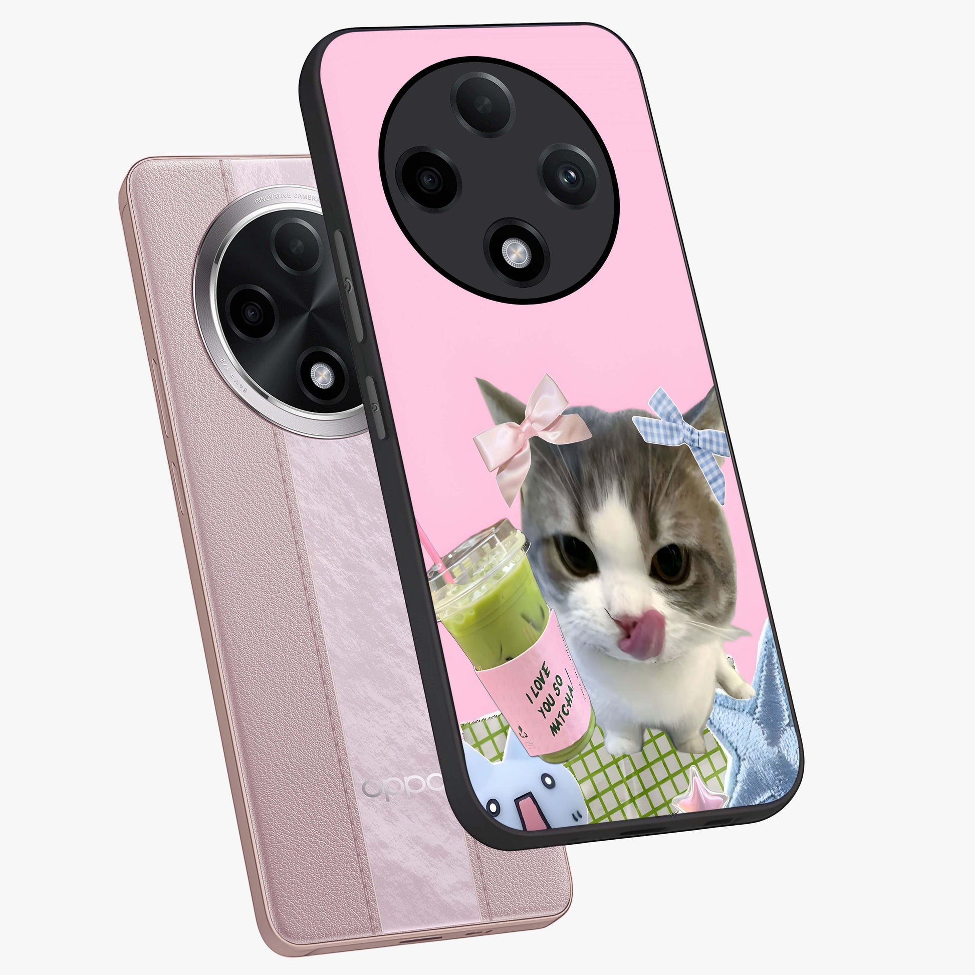 Love Matcha Cat Glass Case displayed in angled mockup highlighting playful feline illustration with cozy matcha aesthetic.