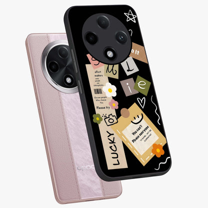 Lucky Aesthetic Collage Glass Case displayed in angled mockup highlighting stylish collage pattern with modern aesthetic vibe.