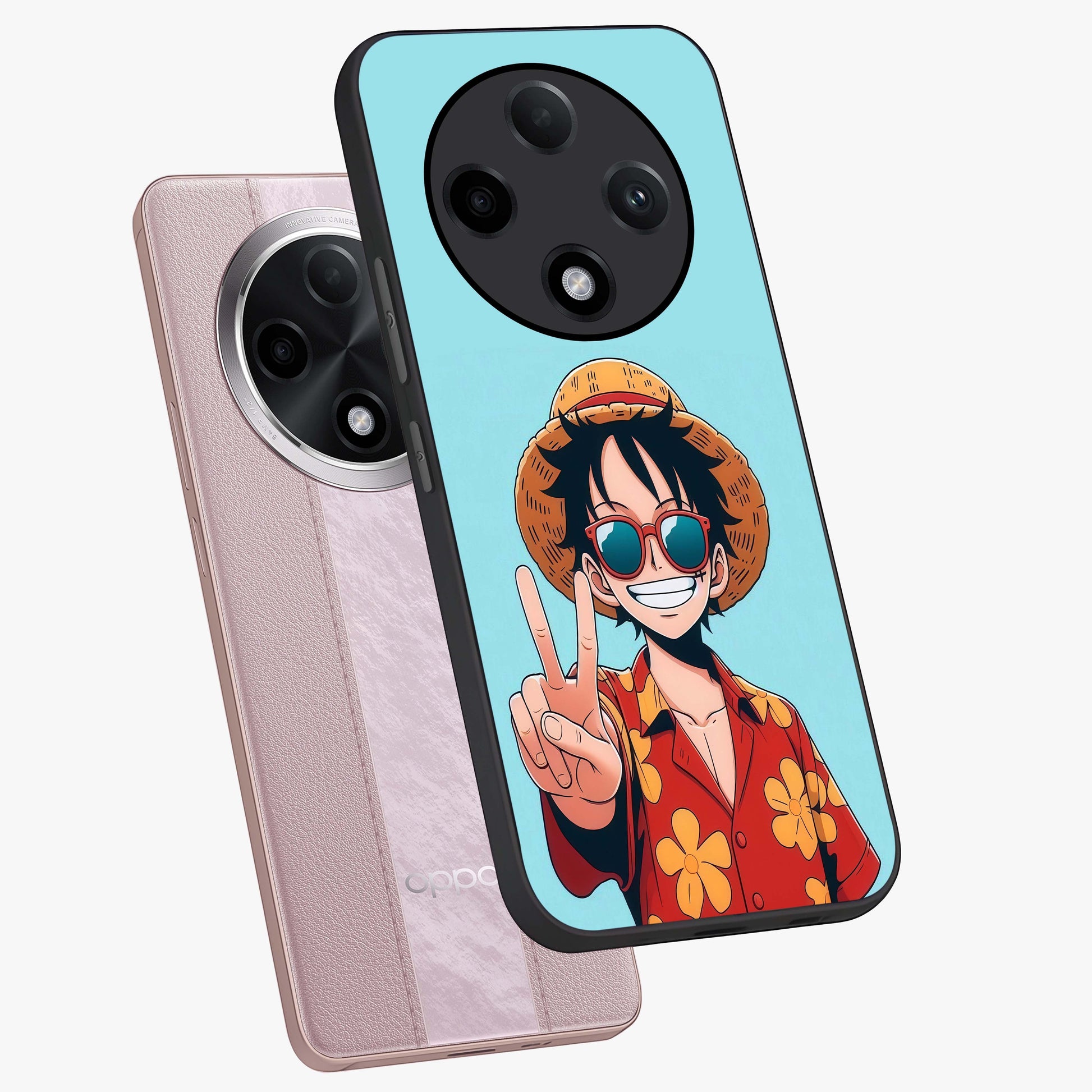 Luffy Summer Anime Vibe Glass Case displayed in angled mockup highlighting energetic anime illustration with summer vibe aesthetic.