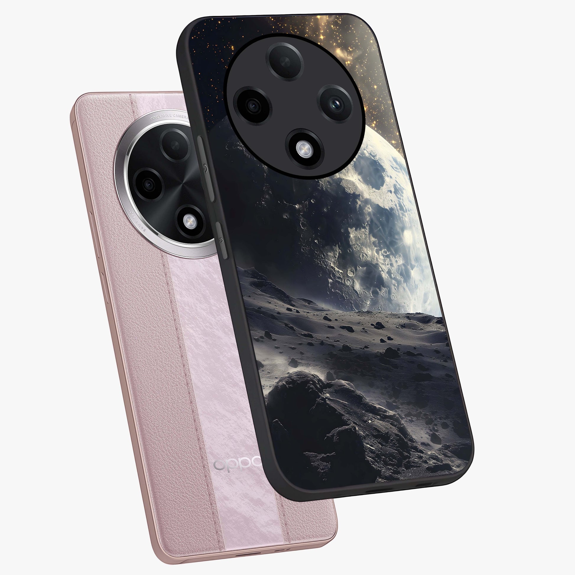 Lunar Horizon Glow Glass Case displayed in angled mockup highlighting celestial moon design with dreamy night aesthetic.