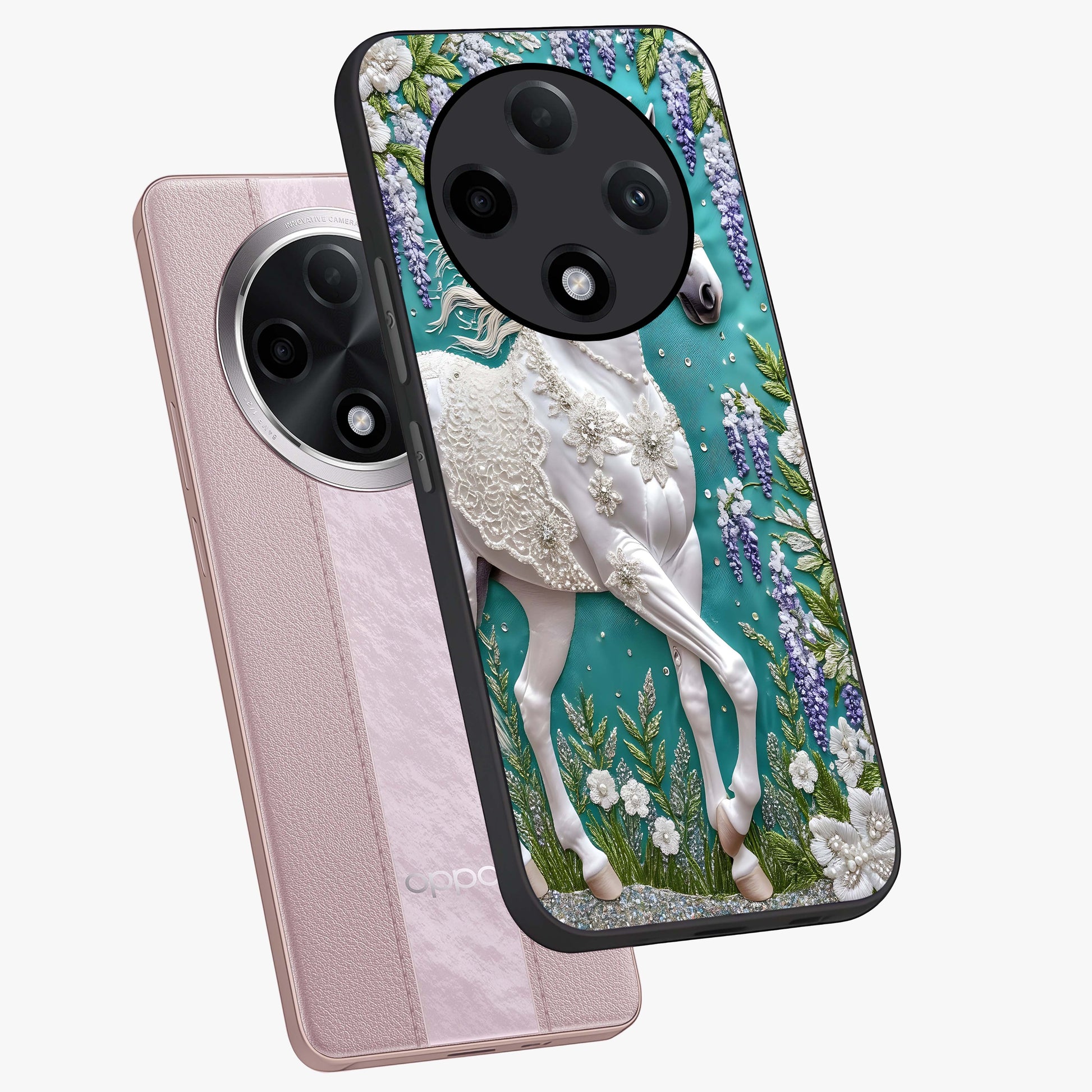 Majestic Floral Stallion Glass Case displayed in angled mockup highlighting majestic stallion illustration with elegant floral aesthetic.