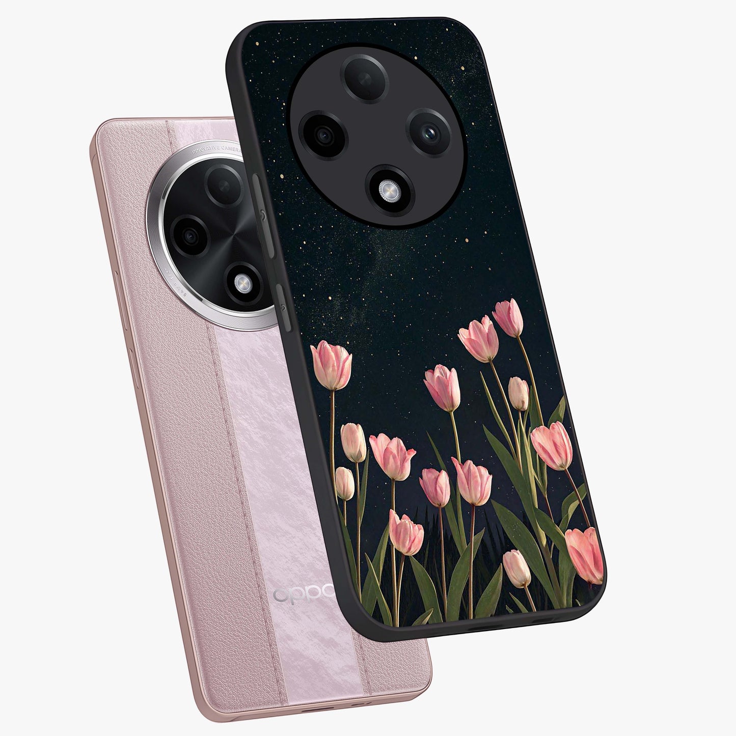Midnight Tulip Whispers Vibe Glass Case displayed in angled mockup highlighting delicate tulip design with midnight floral aesthetic.