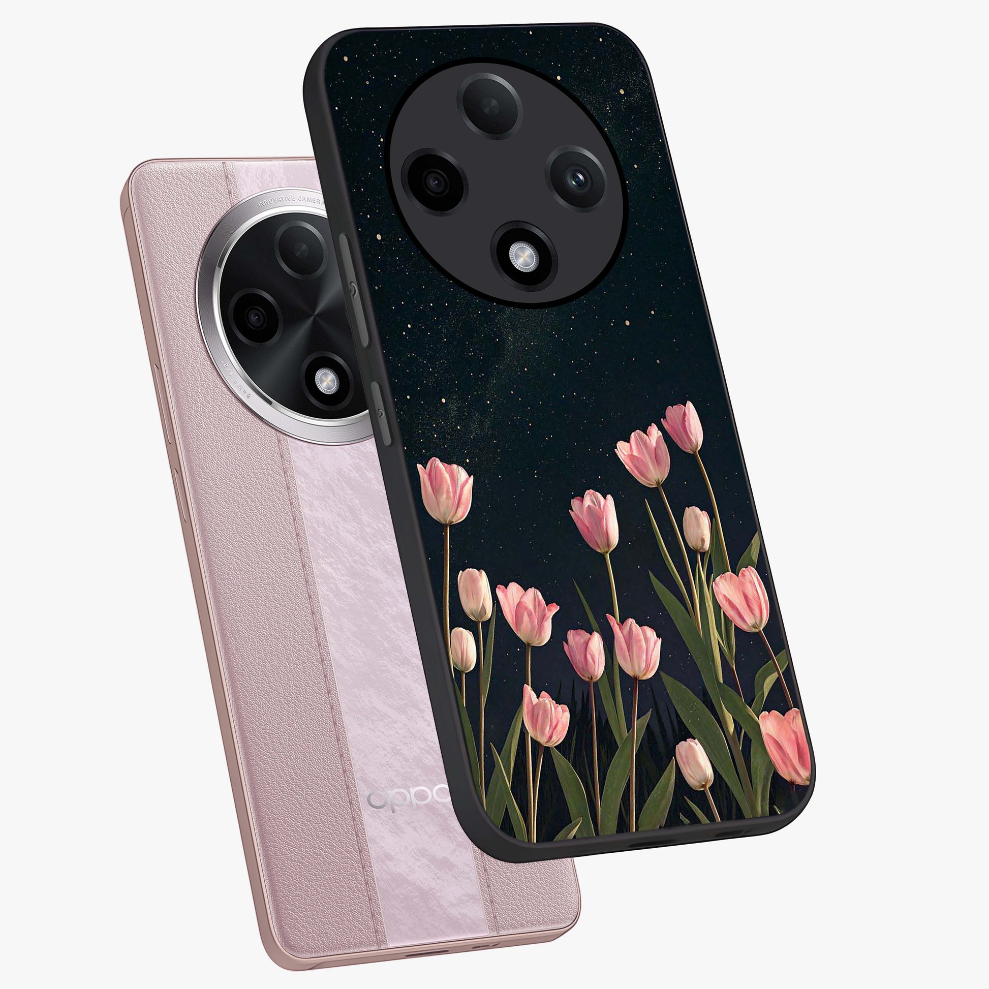 Midnight Tulip Whispers Vibe Glass Case displayed in angled mockup highlighting delicate tulip design with midnight floral aesthetic.