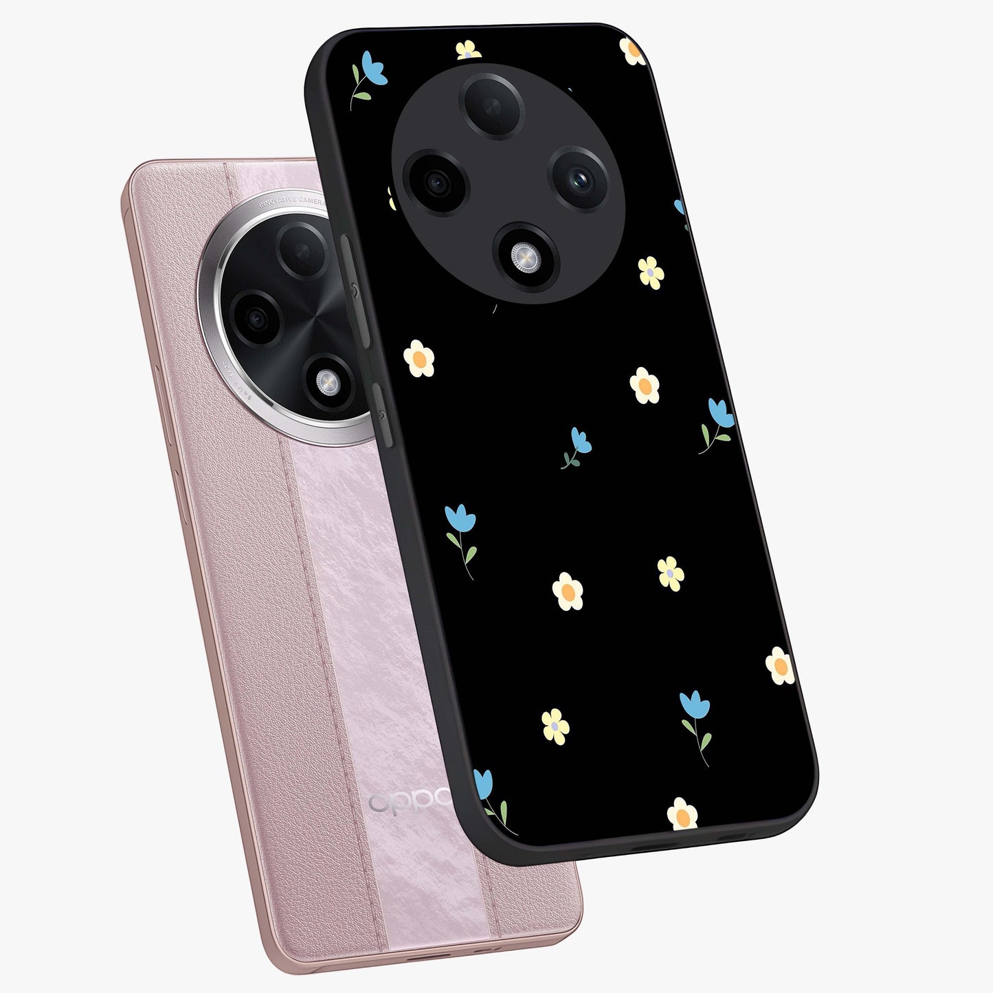 Minimal Petal Whispers Glass Case displayed in angled mockup highlighting delicate petal design with clean minimal aesthetic.