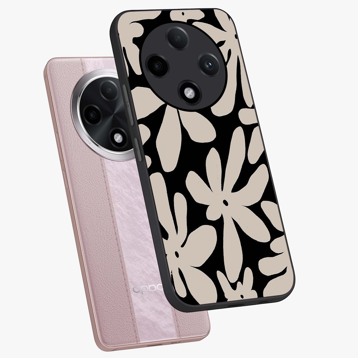 Monochrome Petal Dance Glass Case displayed in angled mockup highlighting elegant petal design with black and white aesthetic.