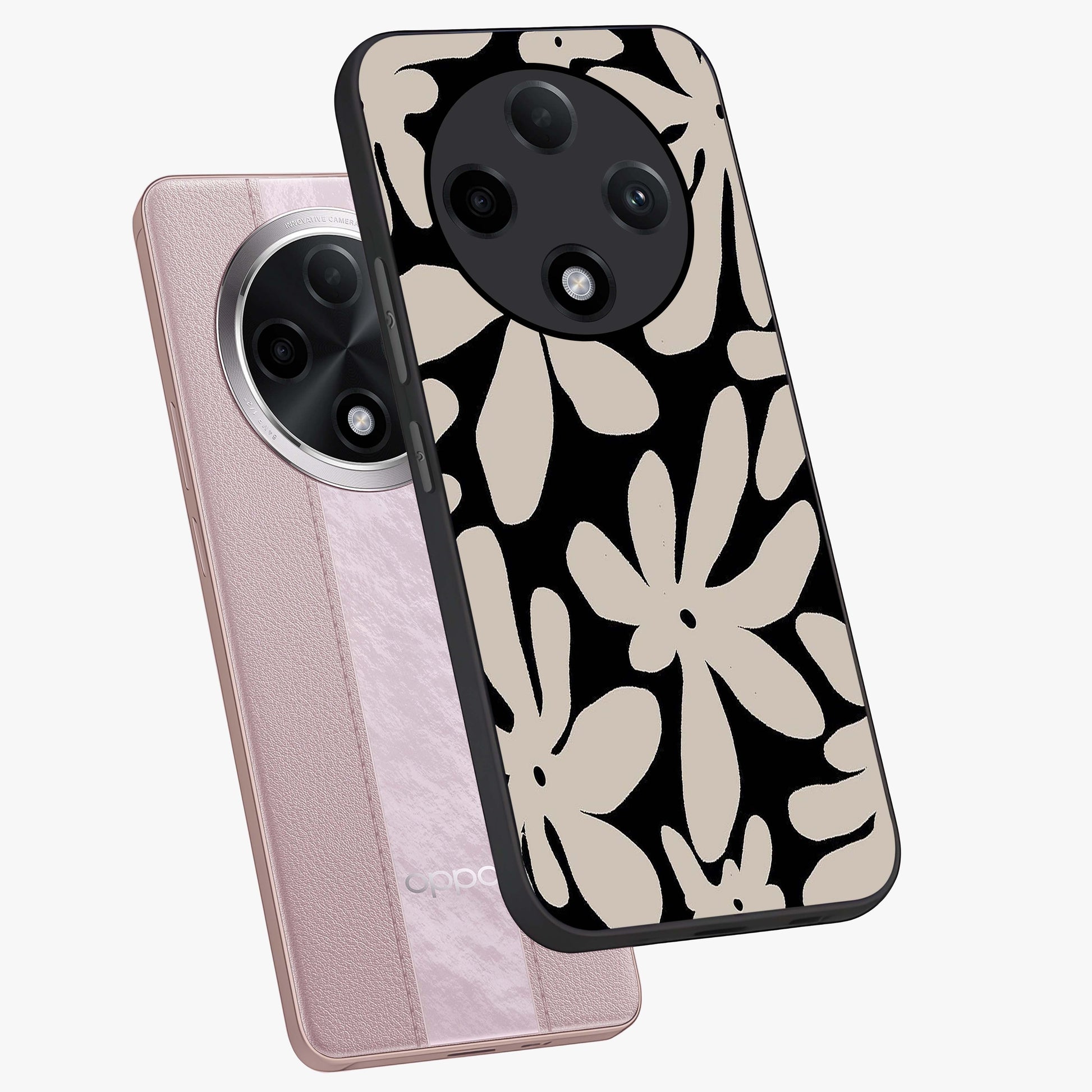 Monochrome Petal Dance Glass Case displayed in angled mockup highlighting elegant petal design with black and white aesthetic.