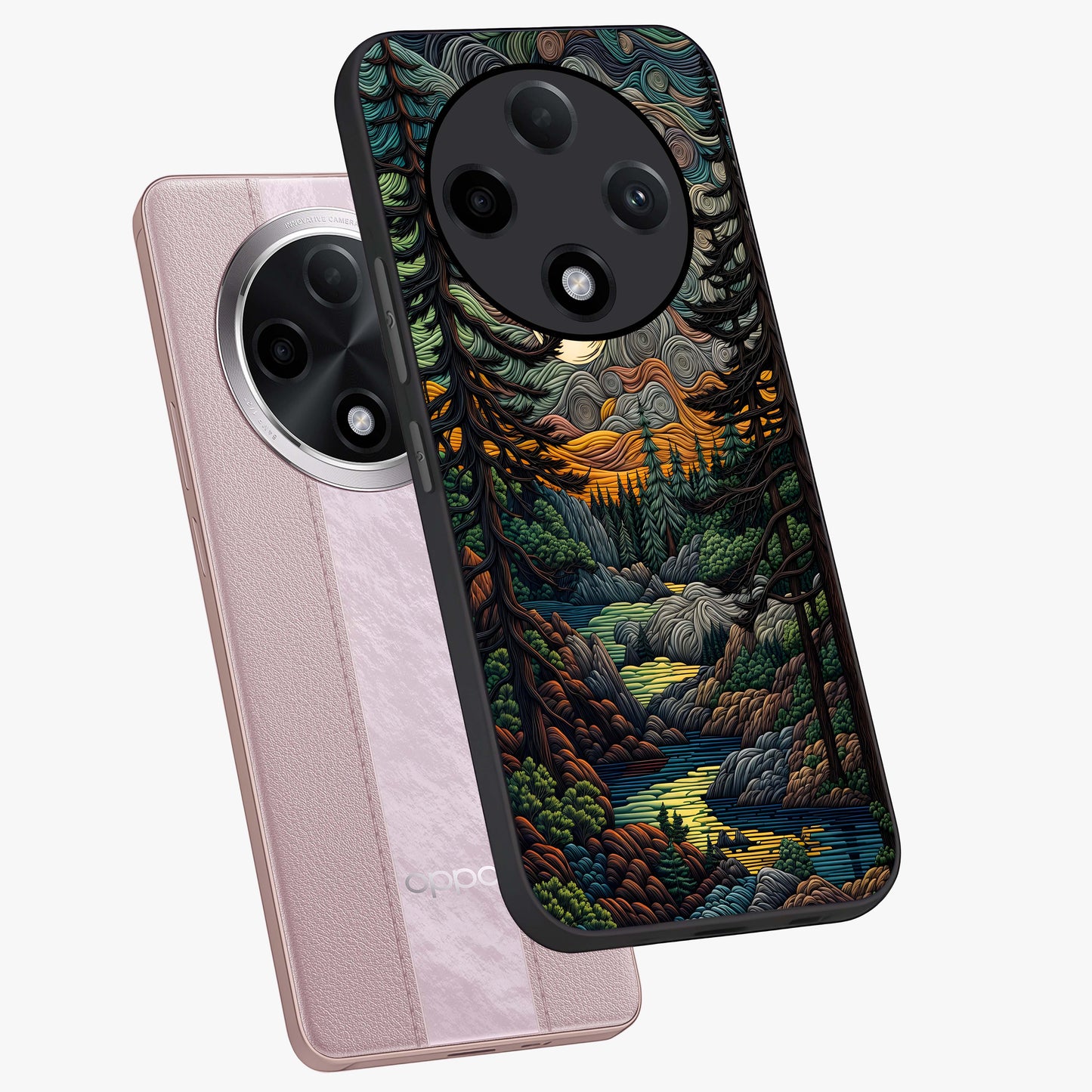 Moonlight Forest Dream Glass Case displayed in angled mockup highlighting dreamy forest design with glowing moon aesthetic.