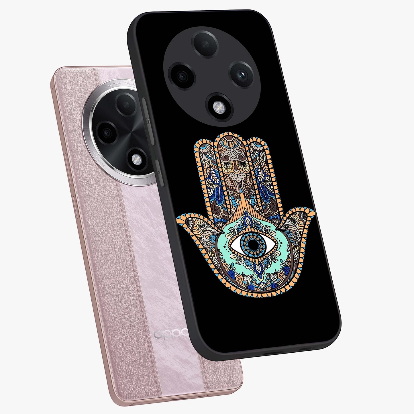 Mystic Hamsa Eye Glass Case displayed in angled mockup highlighting spiritual hamsa symbol with mystical aesthetic style.
