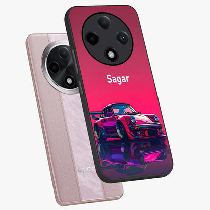 Neon Pink Porsche Glass Case displayed in angled mockup highlighting sleek neon pink car design with racing aesthetic.