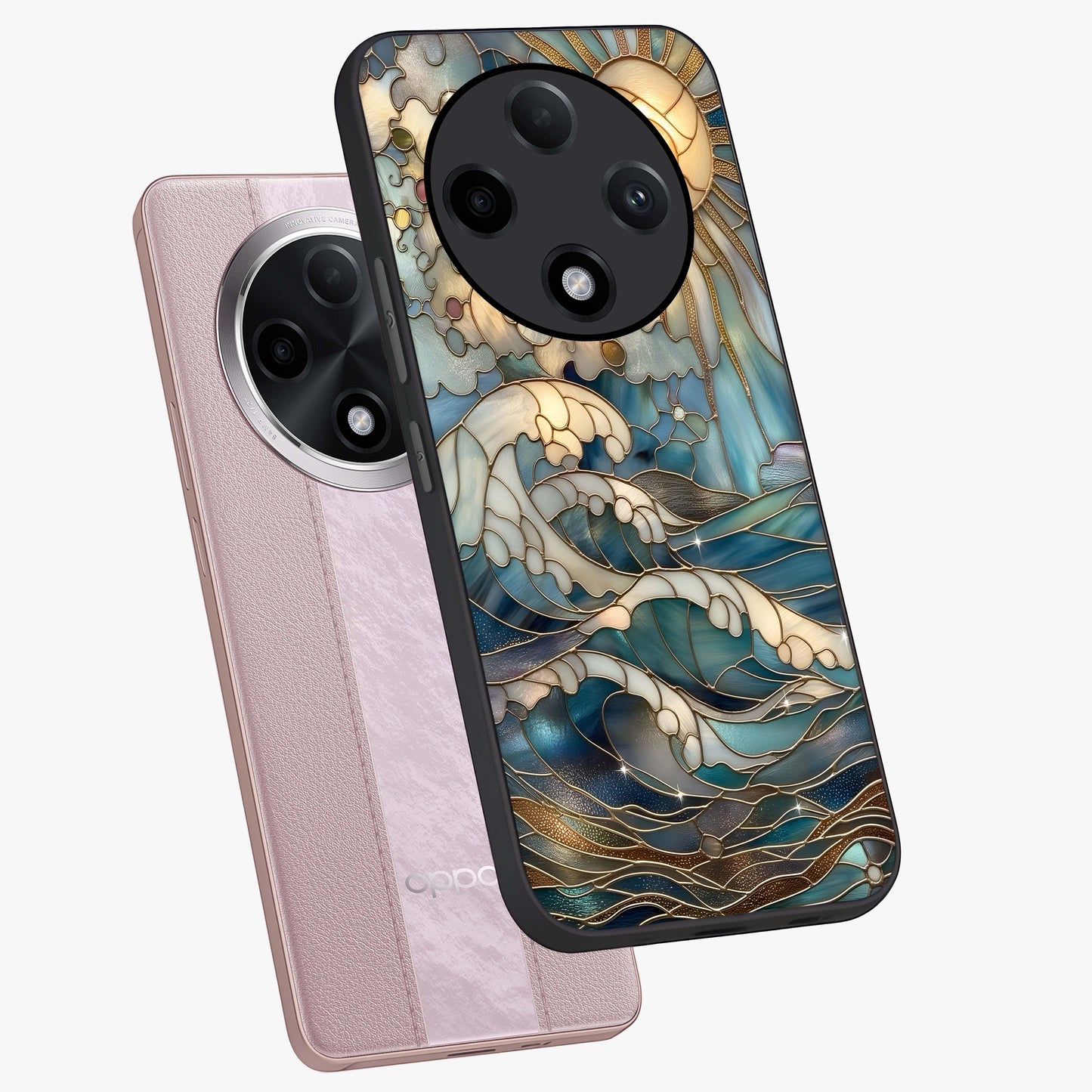 Oceanic Stained Printed Glass Case displayed in angled mockup highlighting colorful aquatic design with artistic aesthetic style.