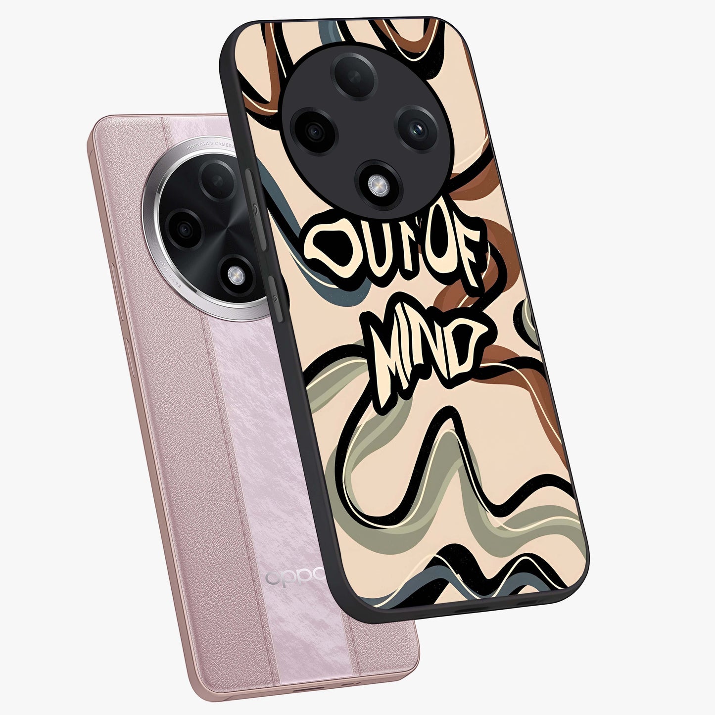 Out Of Mind Glass Case displayed in angled mockup highlighting bold statement design with modern artistic aesthetic.