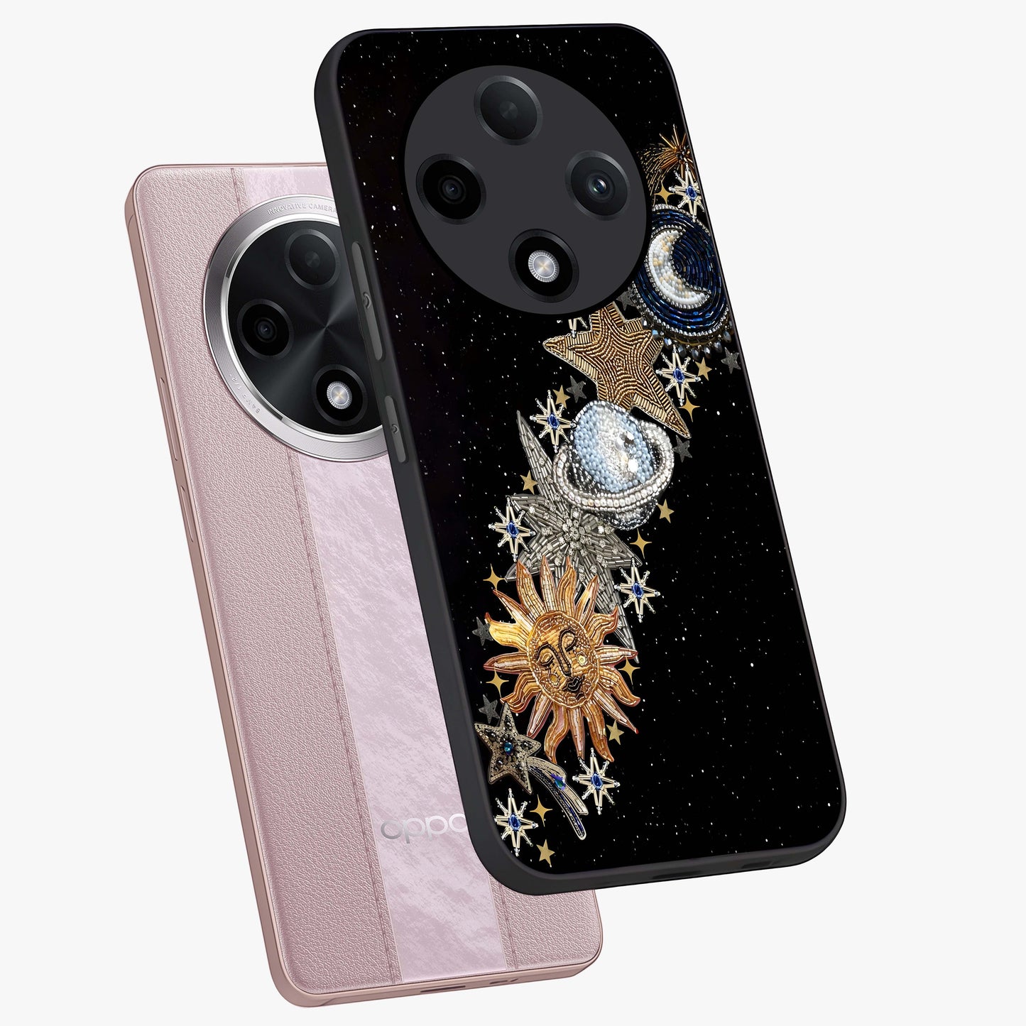 Pearls Universe Object Glass Case displayed in angled mockup highlighting celestial pearl design with dreamy aesthetic.