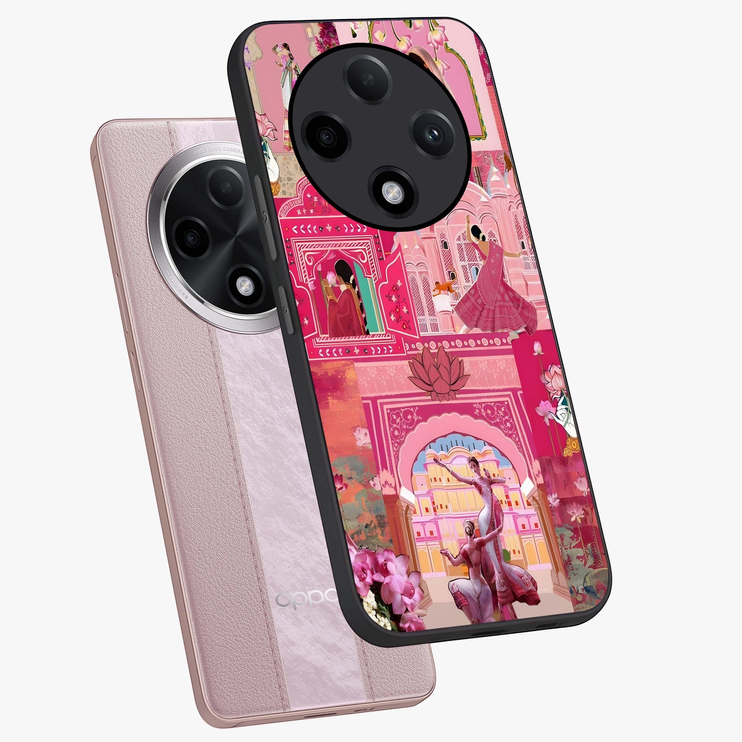 Pink Palace Muse Glass Case displayed in angled mockup highlighting dreamy palace illustration with soft pink aesthetic.