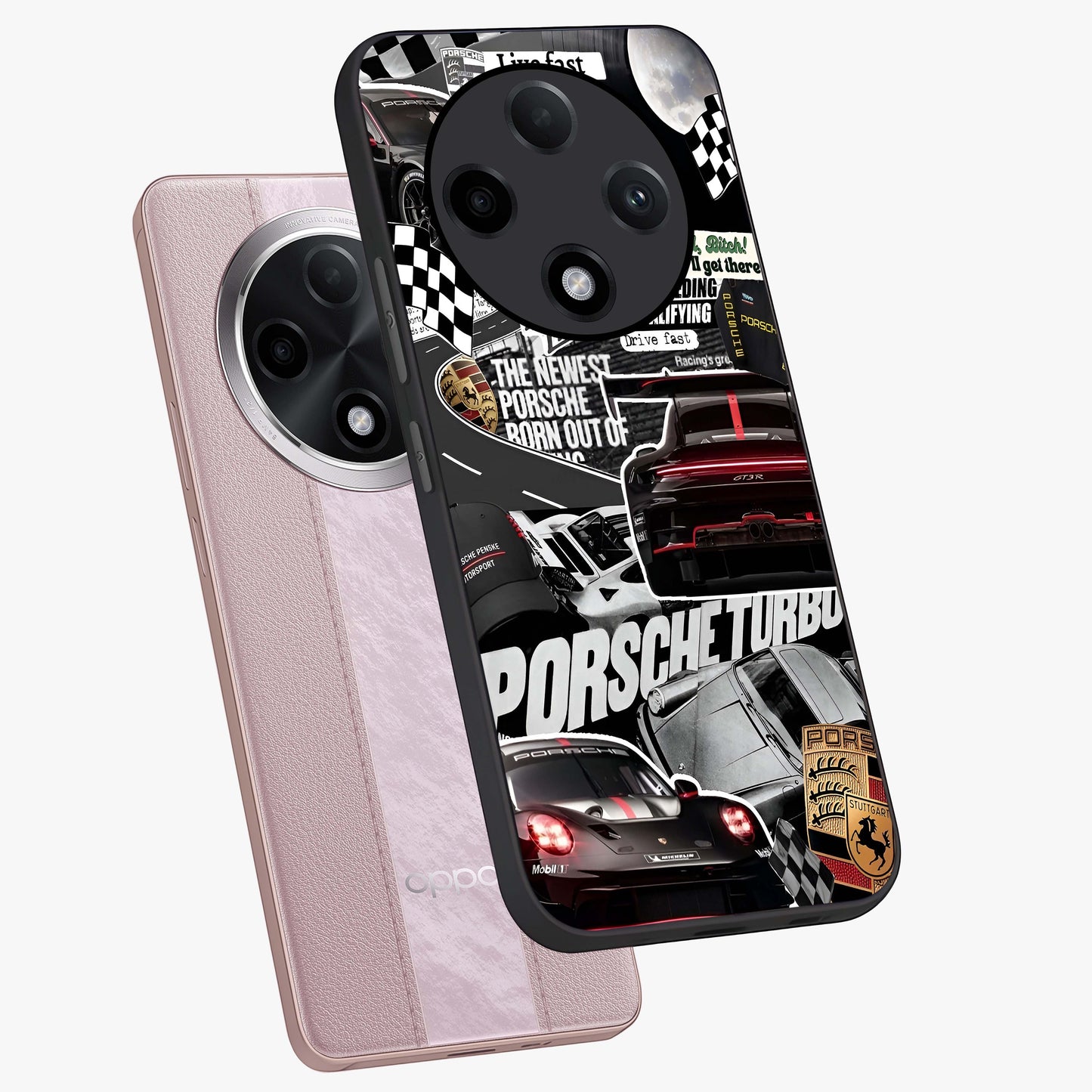 Porsche Racing Collage Glass Case displayed in angled mockup highlighting dynamic automotive design with bold racing aesthetic.