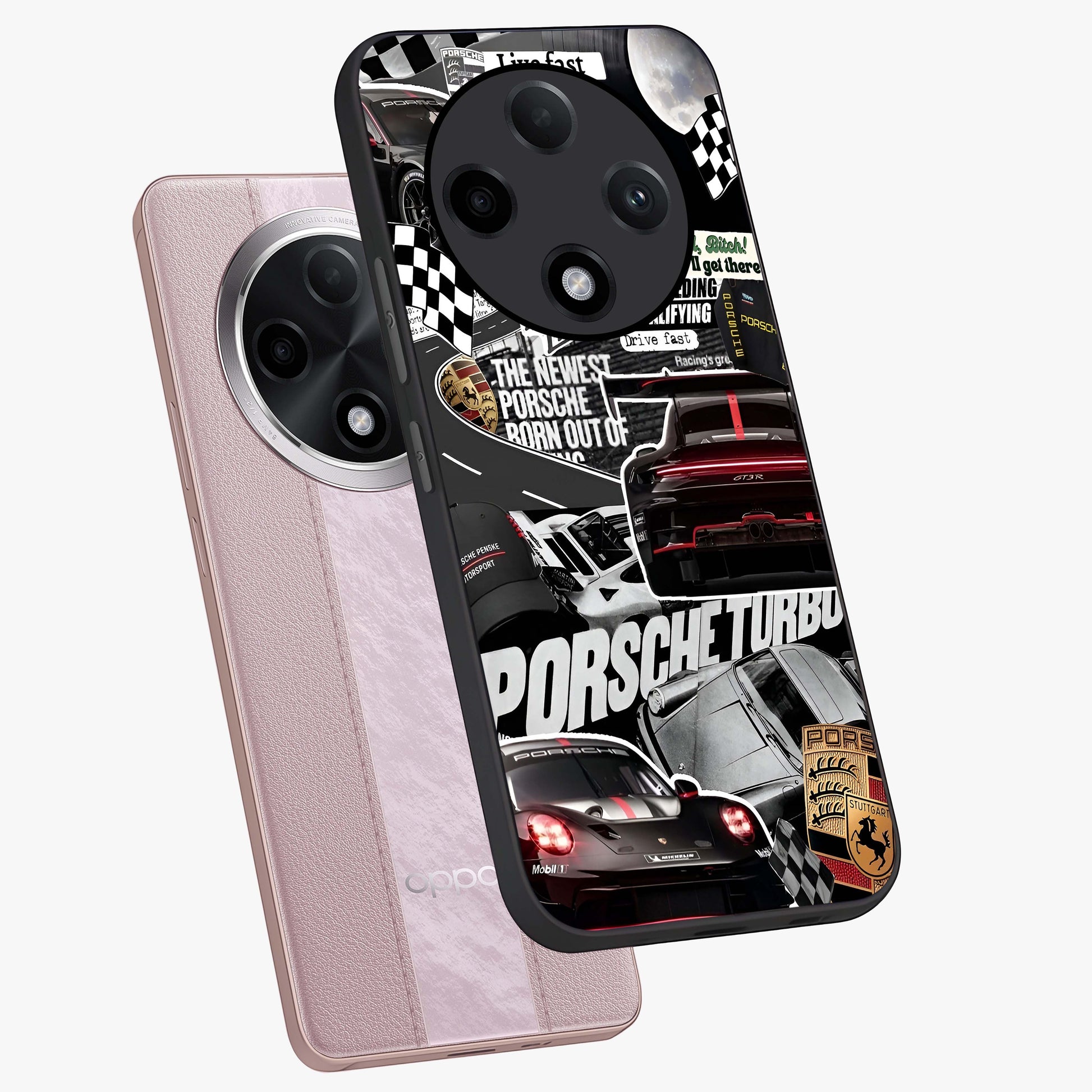 Porsche Racing Collage Glass Case displayed in angled mockup highlighting dynamic automotive design with bold racing aesthetic.