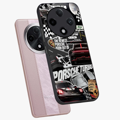 Porsche Racing Collage Glass Case displayed in angled mockup highlighting dynamic automotive design with bold racing aesthetic.