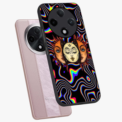 Psychedelic Sun Glass Case displayed in angled mockup highlighting vibrant abstract sun design with artistic aesthetic style.