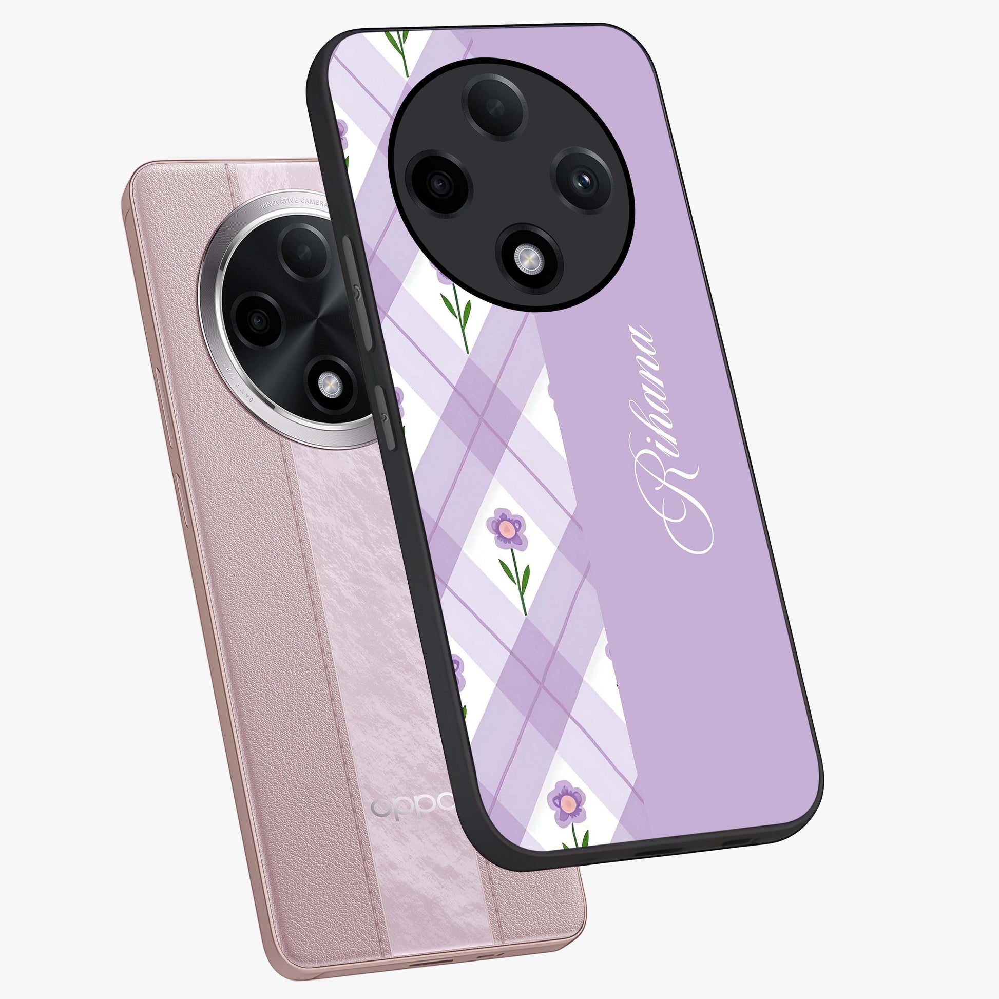 Purple Diamond Floral Glass Case displayed in angled mockup highlighting elegant purple flower design with decorative pattern.