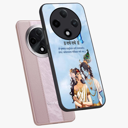 Radha Krishna Eternal Glass Case displayed in angled mockup highlighting divine Radha Krishna illustration with spiritual aesthetic.