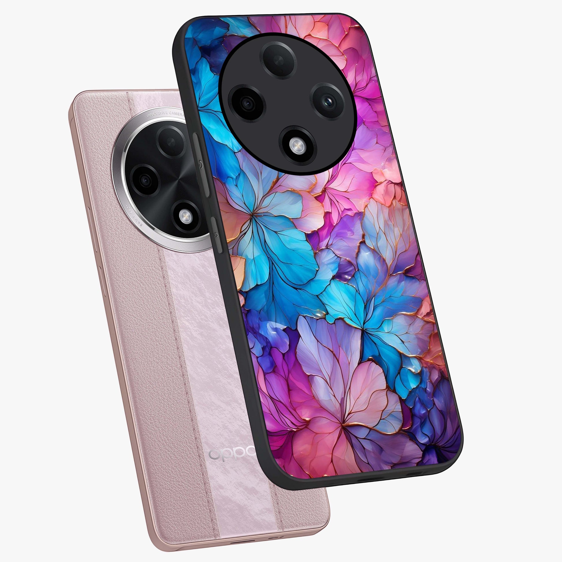 Radiant Floral Whirl Glass Case displayed in angled mockup highlighting vibrant flower pattern with dynamic artistic aesthetic.