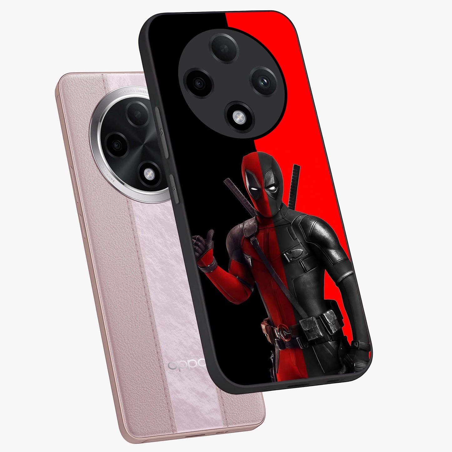 Red & Black Deadpool Theme Glass Case displayed in angled mockup highlighting vibrant superhero style illustration with action aesthetic.