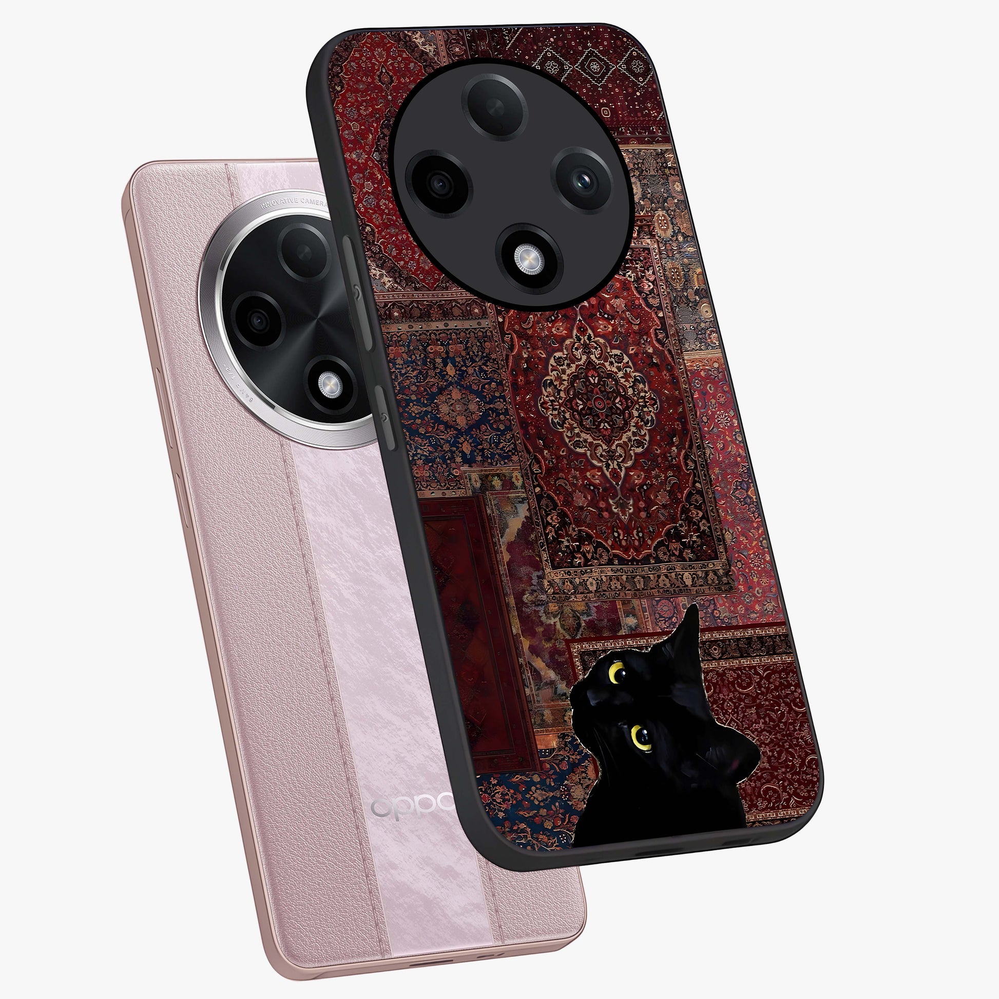 Regal Magic Cat Apple Glass Case displayed in angled mockup highlighting whimsical feline design with fantasy aesthetic.