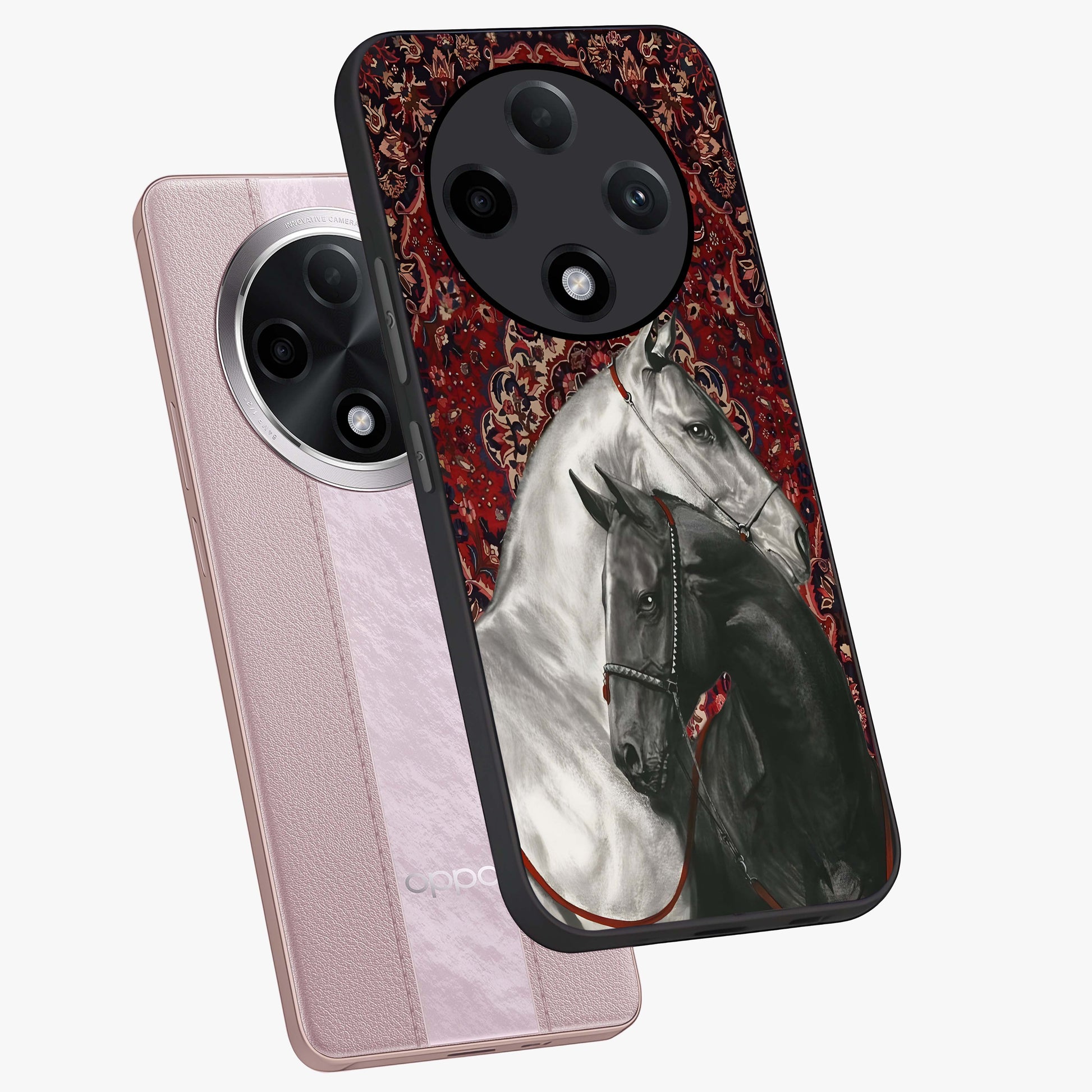 Regal Stallion Tapestry Glass Case displayed in angled mockup highlighting royal stallion design with decorative heritage aesthetic.