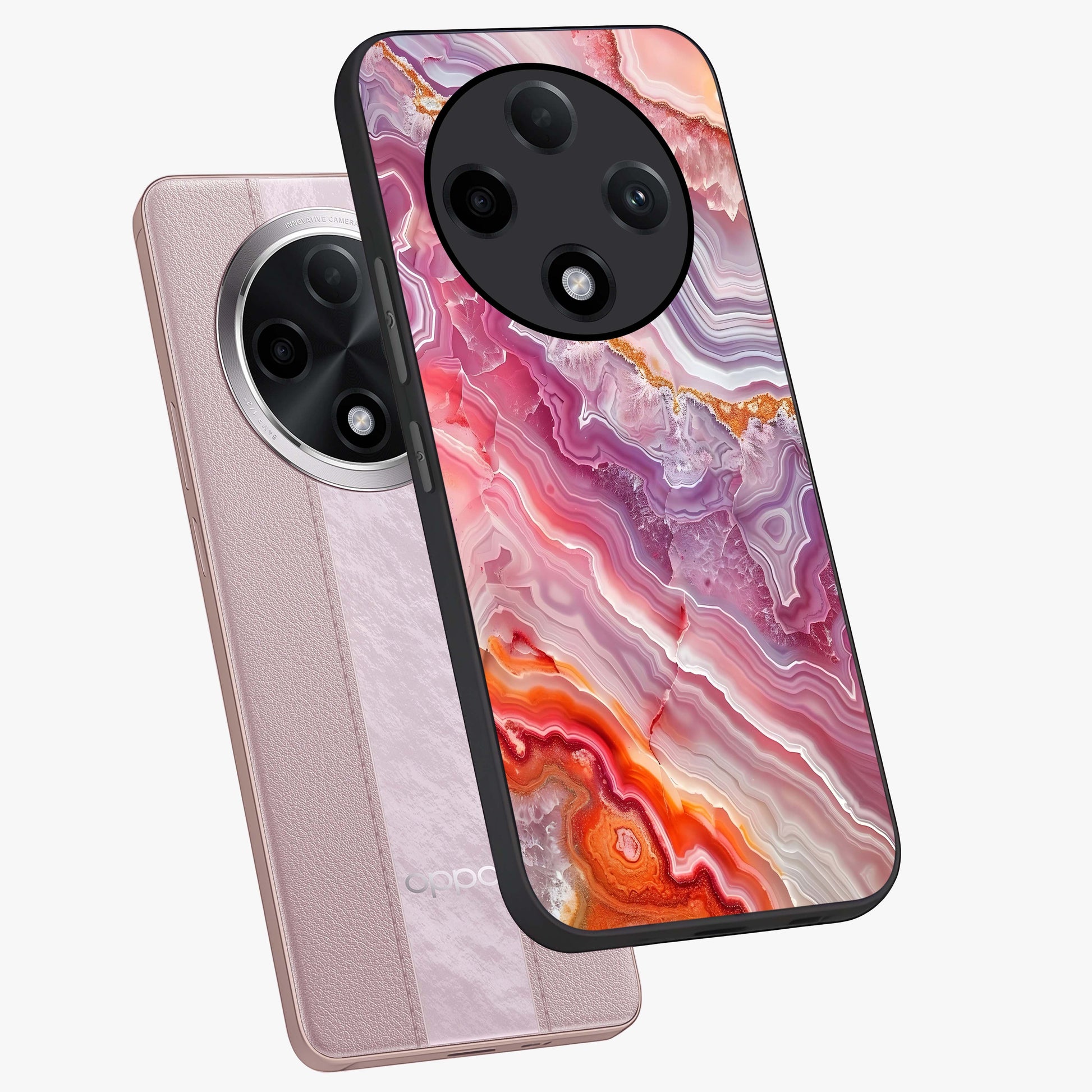 Rose Quartz Marble Glass Case displayed in angled mockup highlighting elegant marble pattern with soft aesthetic style.