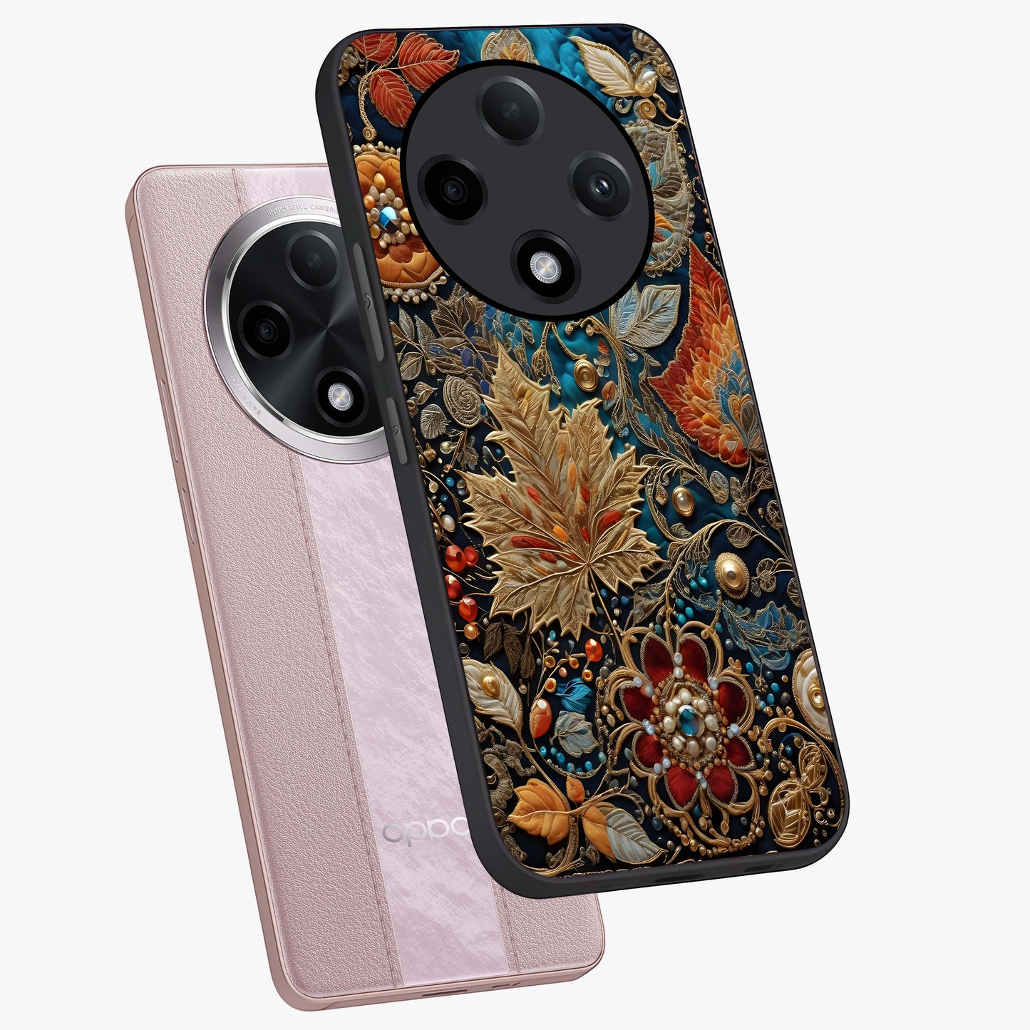 Royal Jewel Garden Glass Case displayed in angled mockup highlighting vibrant jewel inspired floral design with elegant aesthetic.
