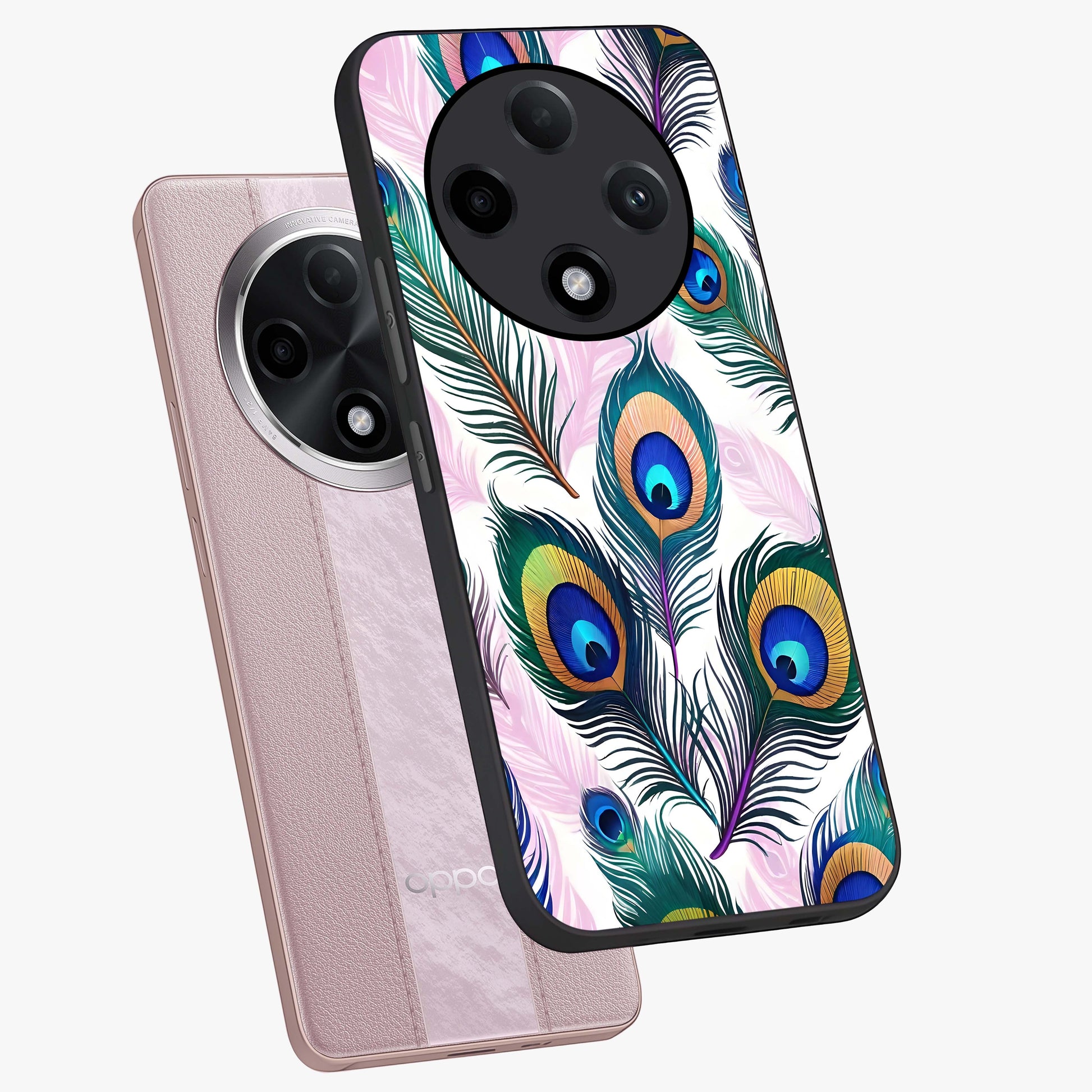 Royal Peacock Feathers Glass Case displayed in angled mockup highlighting vibrant feather pattern with regal aesthetic style.