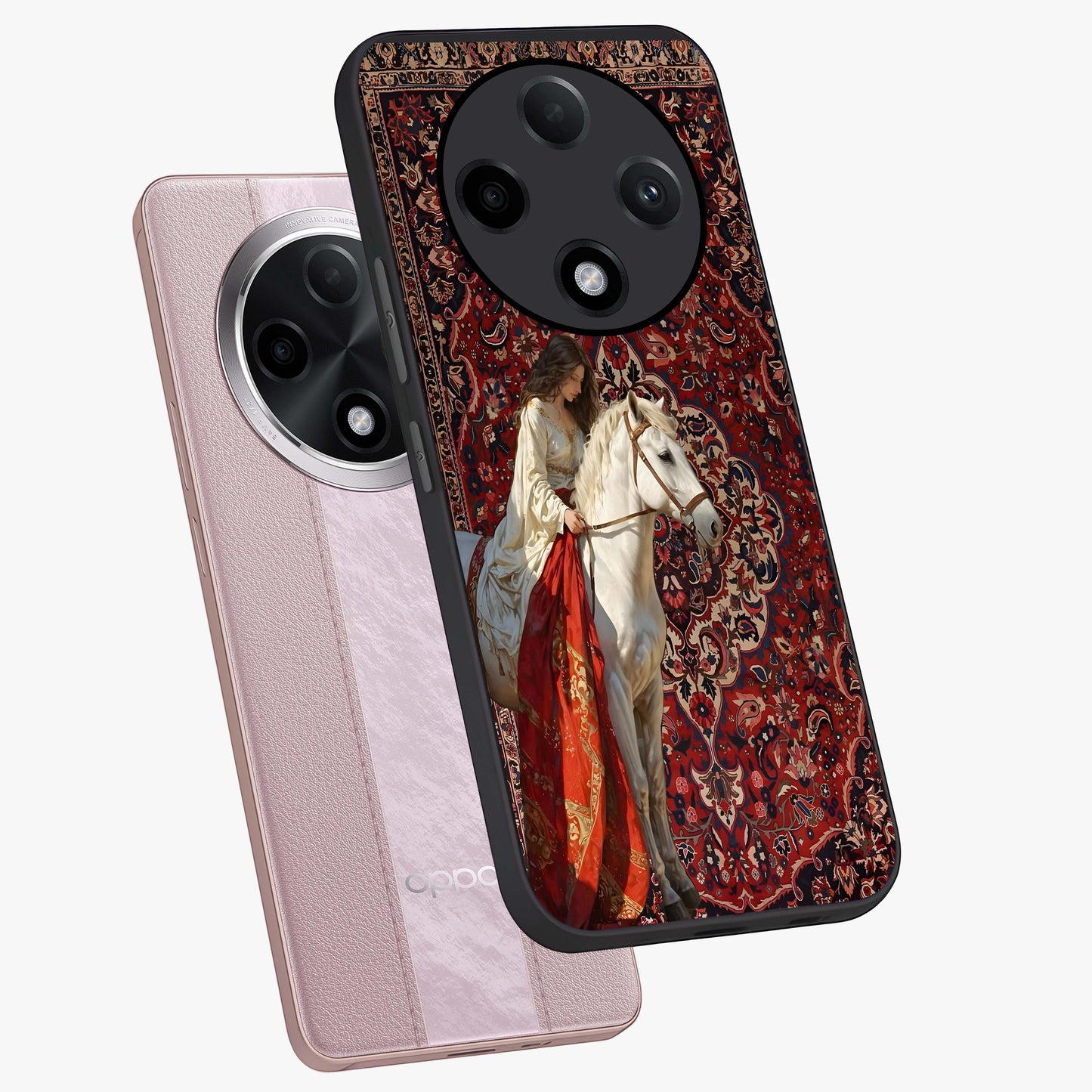 Royal Rider Tapestry Glass Case displayed in angled mockup highlighting traditional tapestry design with royal heritage aesthetic.
