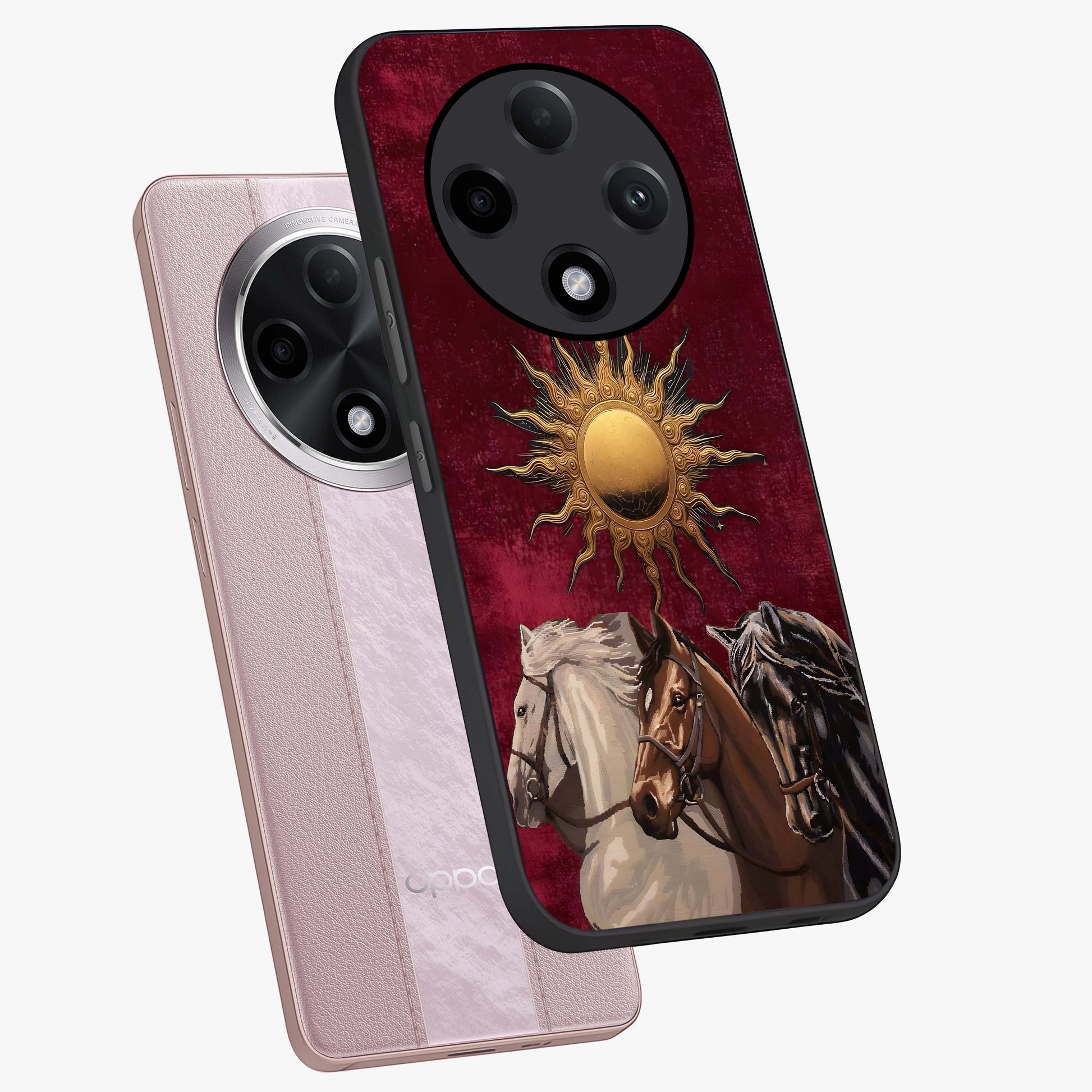 Solar Riders Glass Case displayed in angled mockup highlighting powerful rider illustration with radiant solar aesthetic.