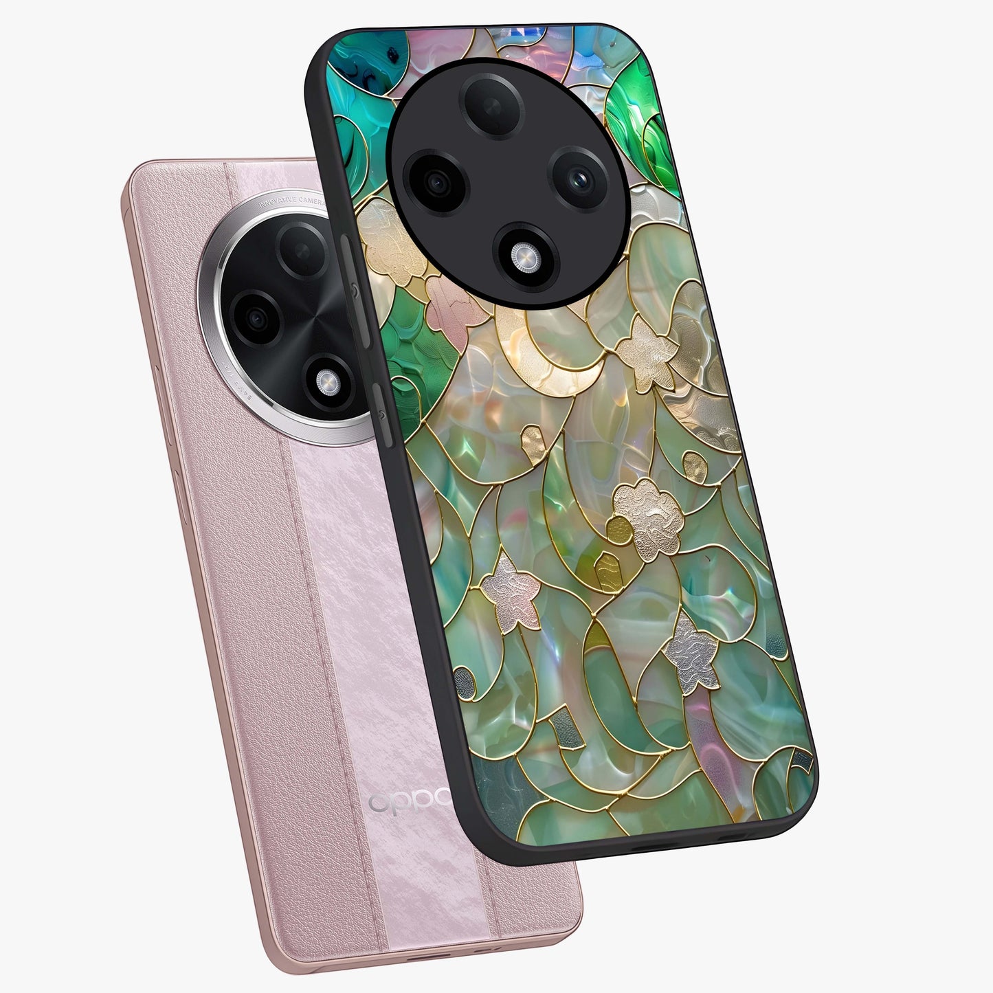 Stained Sunrise Glow Glass Case displayed in angled mockup highlighting radiant sunrise design with artistic aesthetic style.