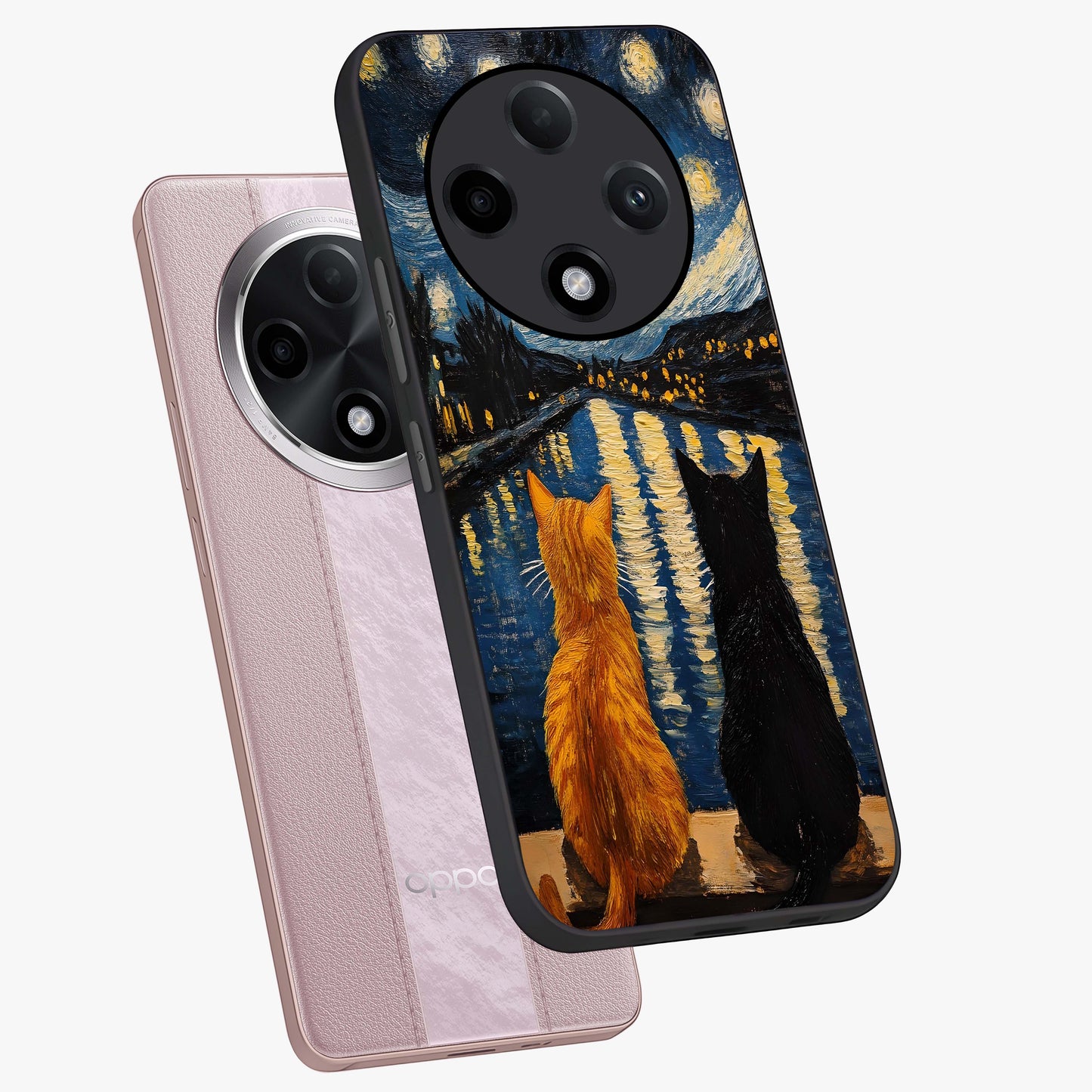 Starry River Cats Glass Case displayed in angled mockup highlighting charming feline illustration with dreamy night aesthetic.