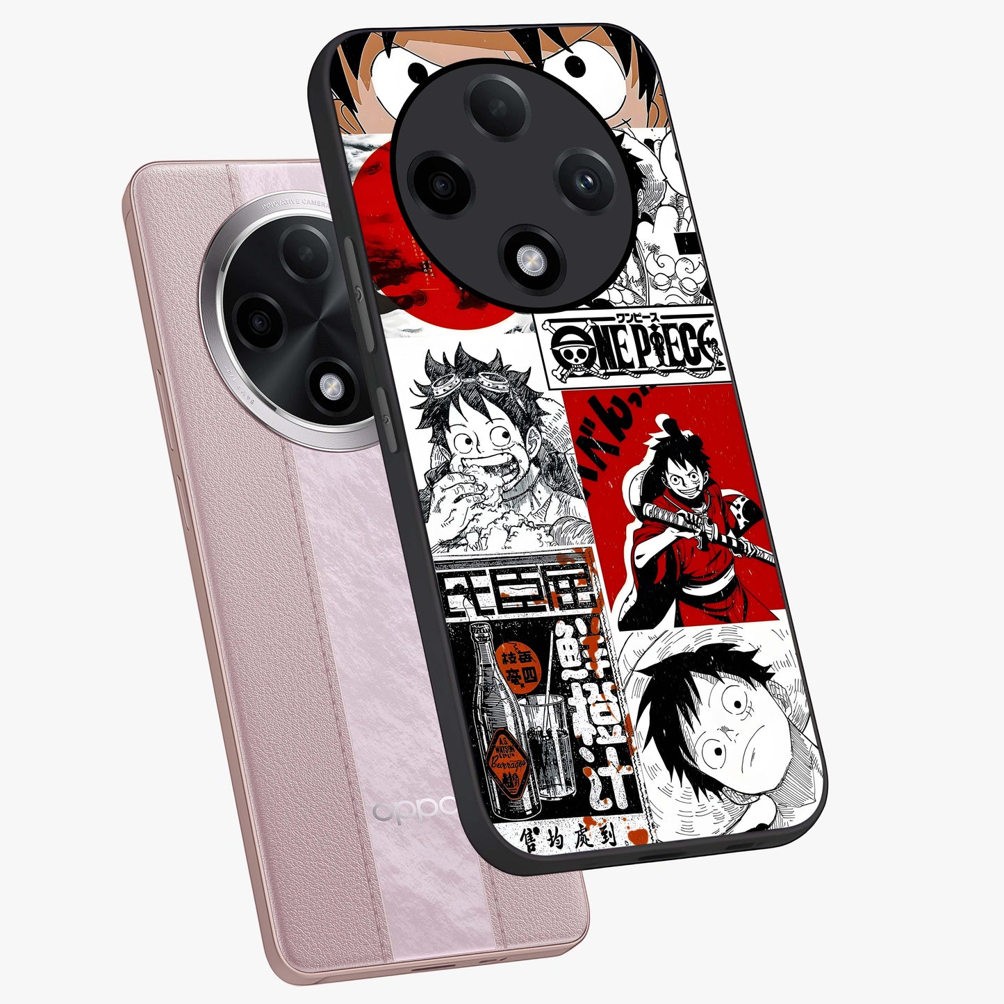 Strawhat Chaos Panels Glass Case displayed in angled mockup highlighting vibrant anime collage design with action aesthetic.