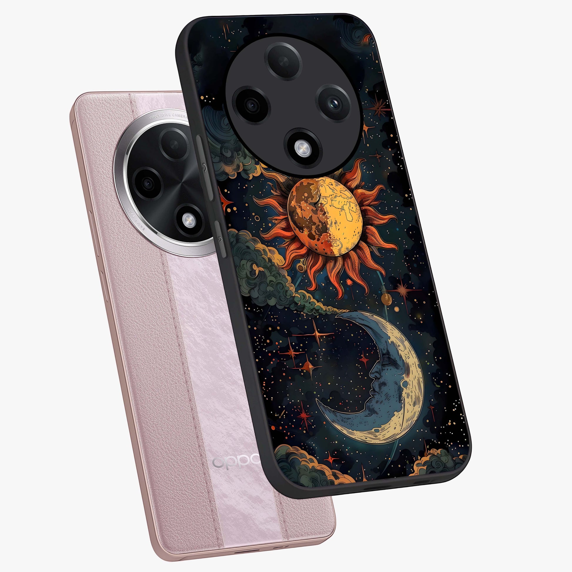Sun And Moon Magic Design Glass Case displayed in angled mockup highlighting celestial design with magical cosmic aesthetic.