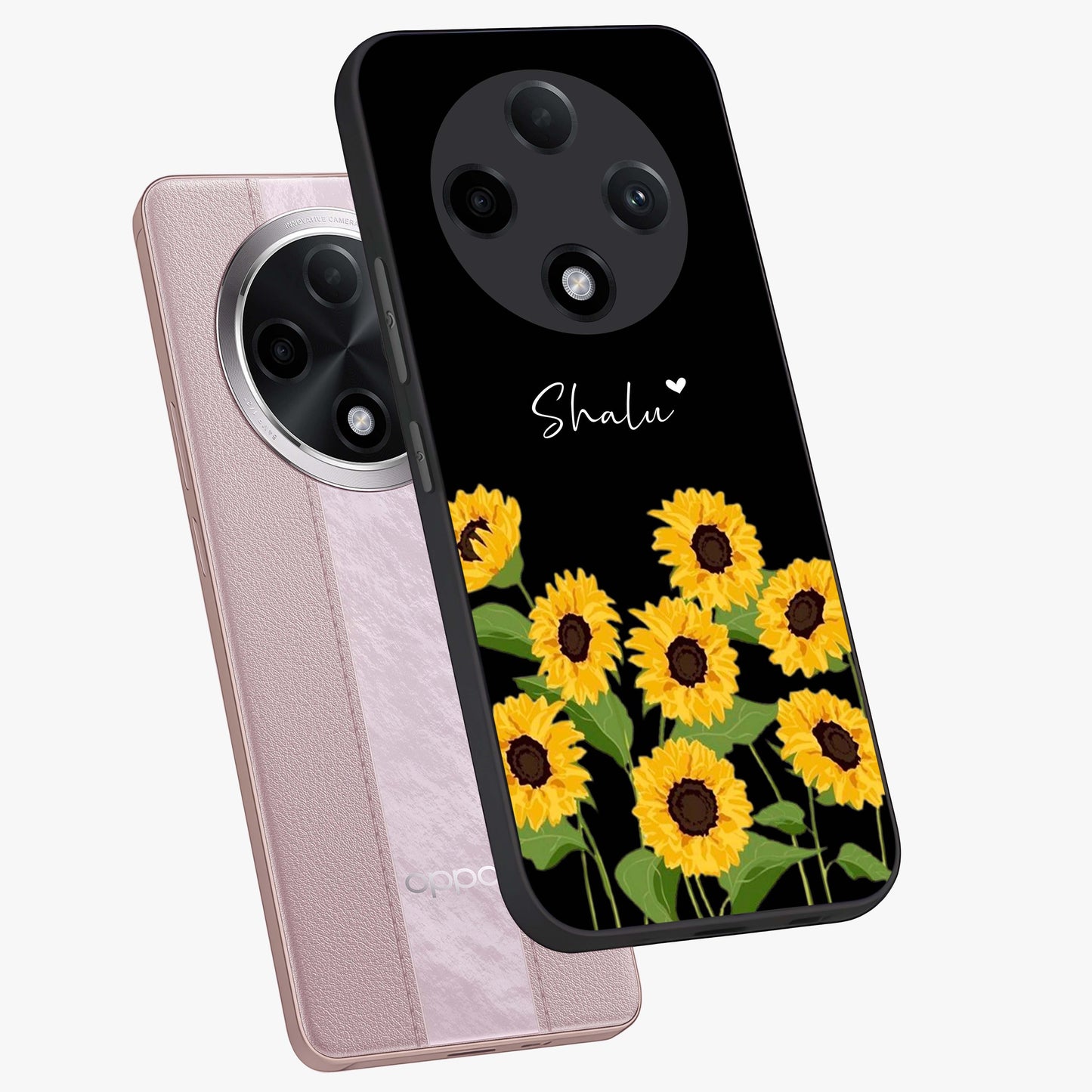 Sunflower Chic Mood Custom Name Glass Case displayed in angled mockup highlighting vibrant sunflower design with custom name feature.