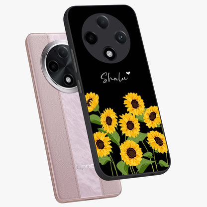 Sunflower Chic Mood Custom Name Glass Case displayed in angled mockup highlighting vibrant sunflower design with custom name feature.