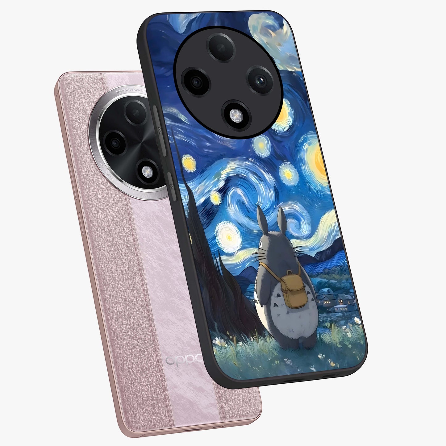 Totoro In Van Gogh Art Glass Case displayed in angled mockup highlighting artistic swirling sky design with playful animation aesthetic.