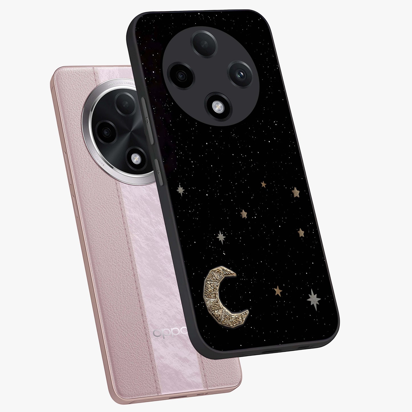 Twinkle Star With Half Moon Glass Case displayed in angled mockup highlighting celestial moon and star design with magical aesthetic.